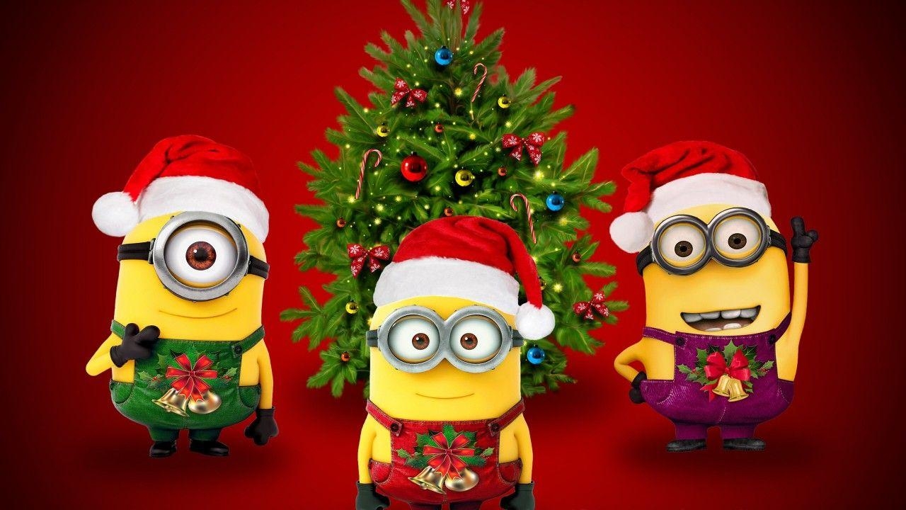 1280x720 Wallpaper Minions, Santa Claus, Santa hat, Xmas tree, HD, Desktop