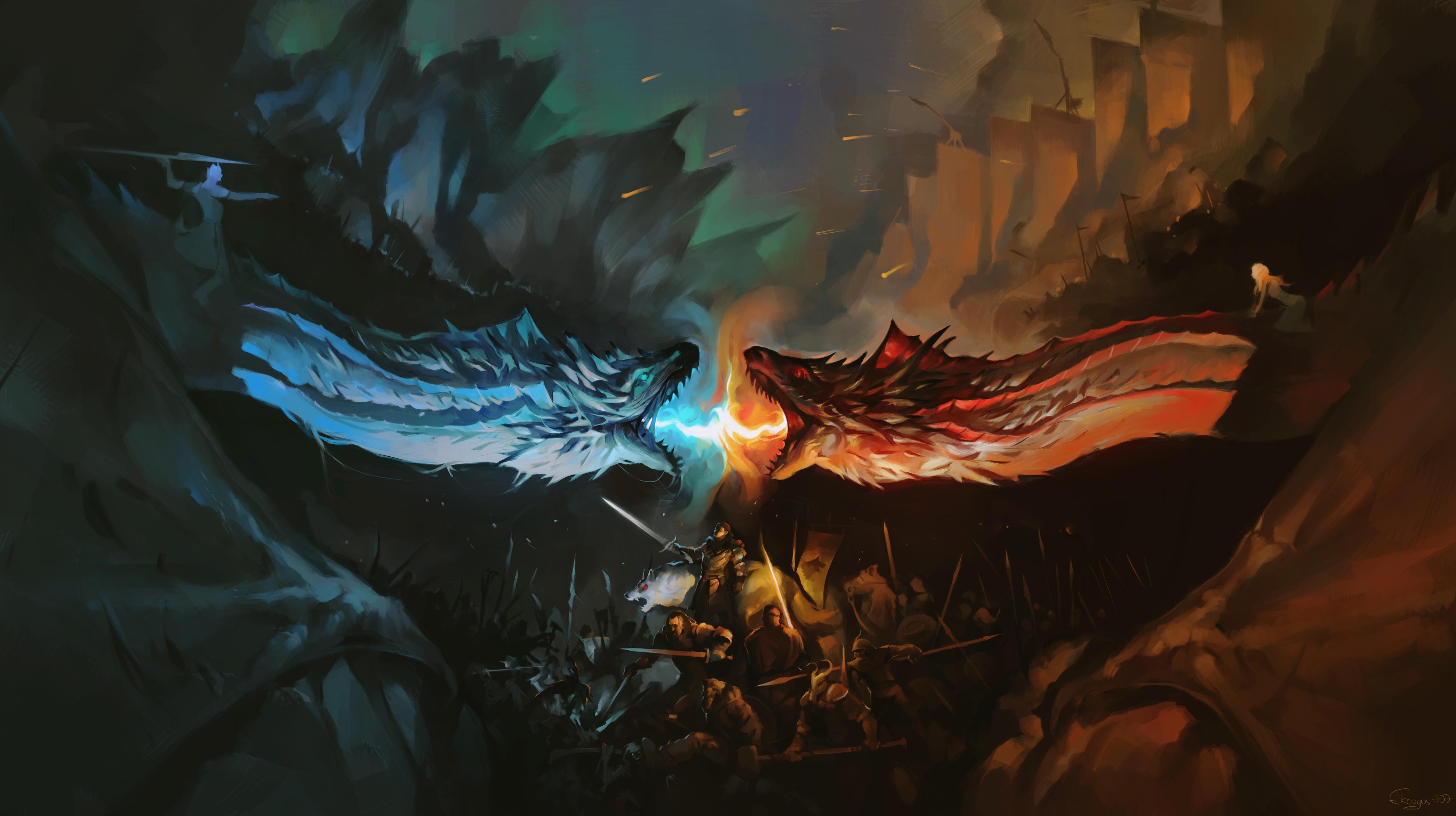 5000x2810 Dragon Battle Fire Vs Ice Game Of Thrones Wallpaper, Desktop