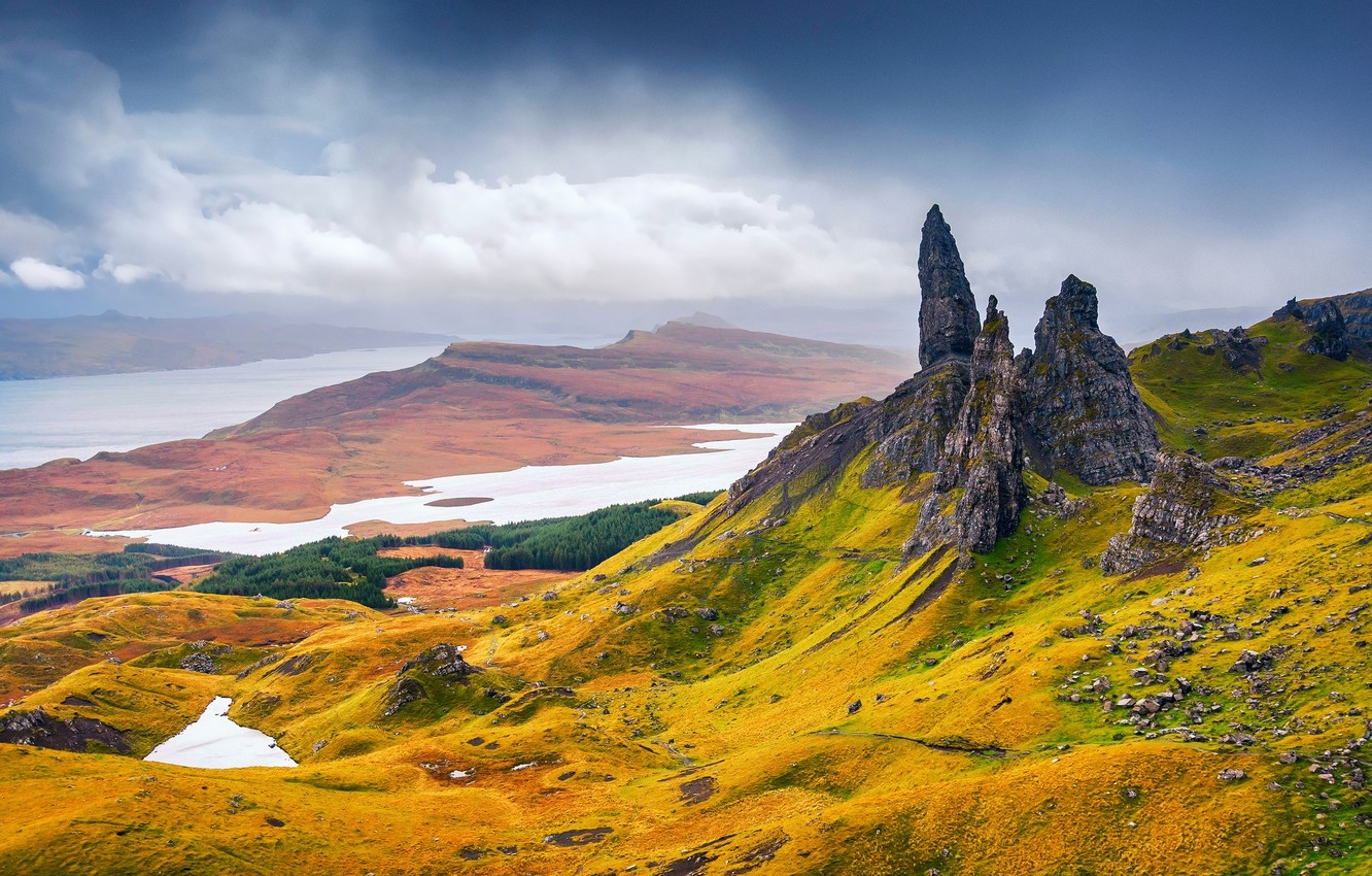 1340x850 Wallpaper autumn, rocks, Scotland, region highland, the Trotternish Peninsula, The Storr image for desktop, section пейзажи, Desktop