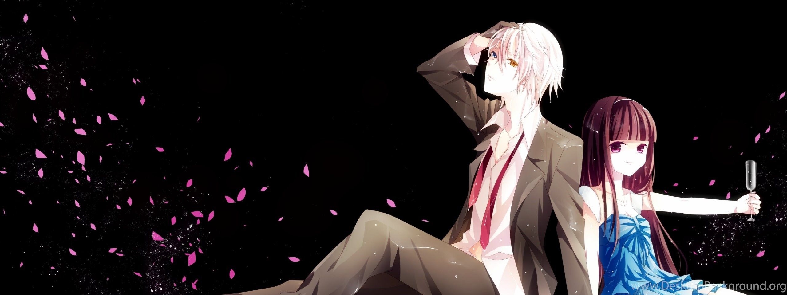 2560x960 Download Wallpaper 2560x1024 Anime, Boy, Girl, Romance, Petals, Dual Screen