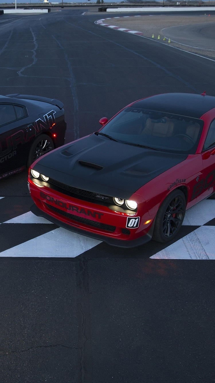 750x1340 iPhone Wallpaper Dodge Challenger Srt Cars, Two Supercars Turismo Sport Hellcat, Phone