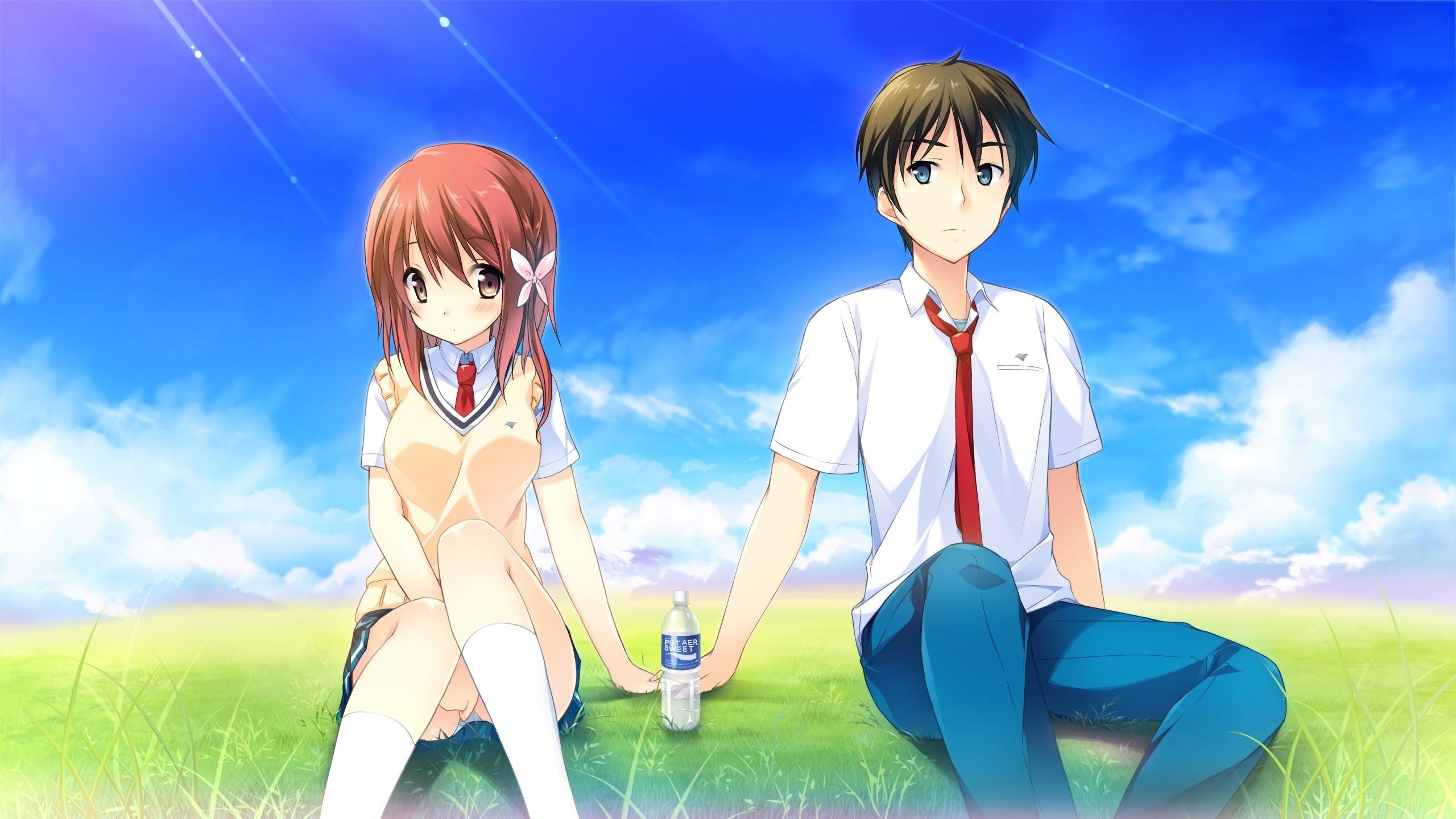 2560x1440 Romance Under The Blue Sky, Sitting On Grass Boy And Boys, Desktop