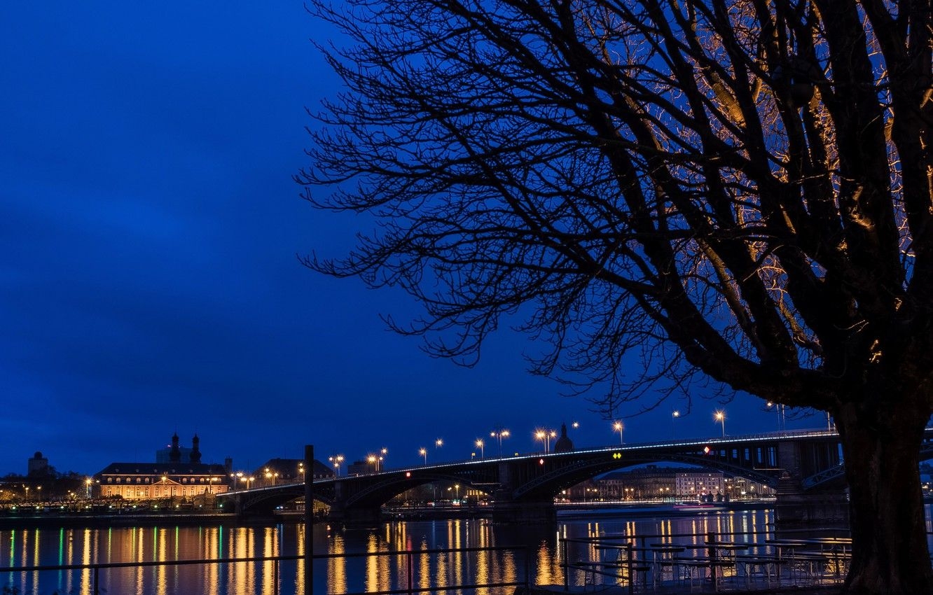 1340x850 Wallpaper night, bridge, lights, river, Germany, Mainz image, Desktop