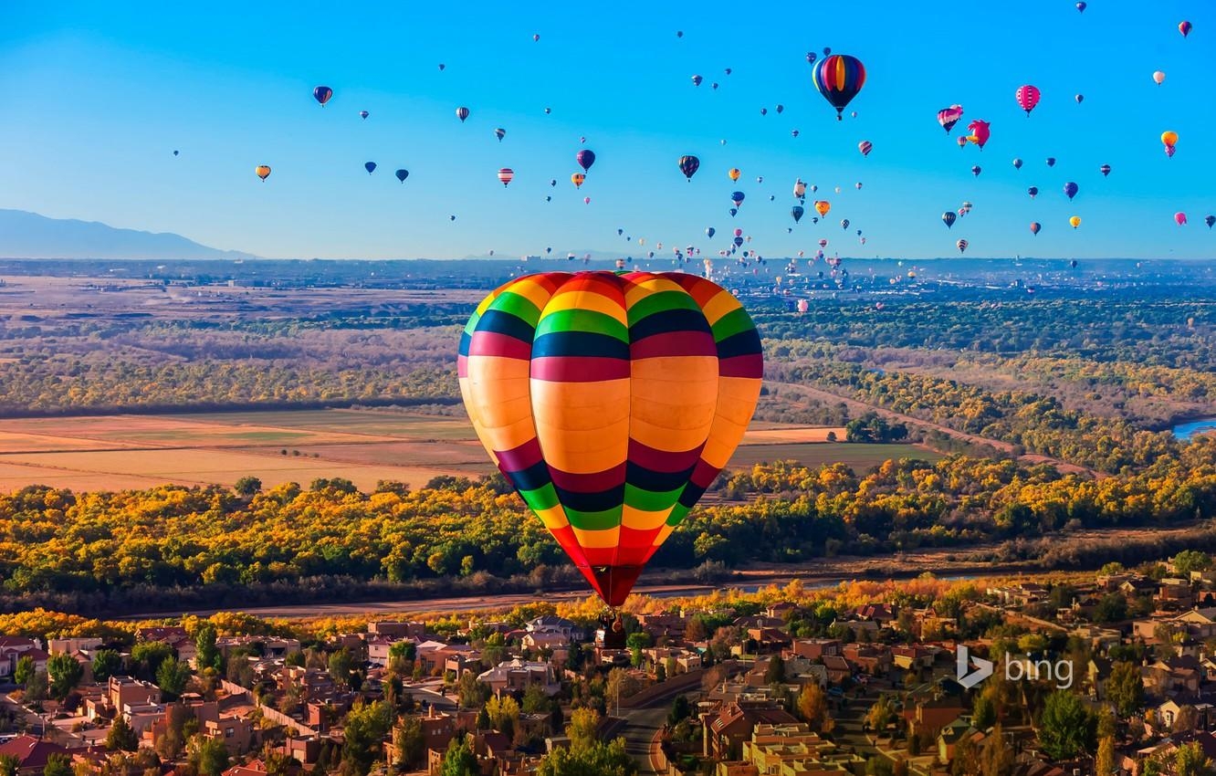 1340x850 Wallpaper trees, balloon, river, panorama, USA, New Mexico, Desktop