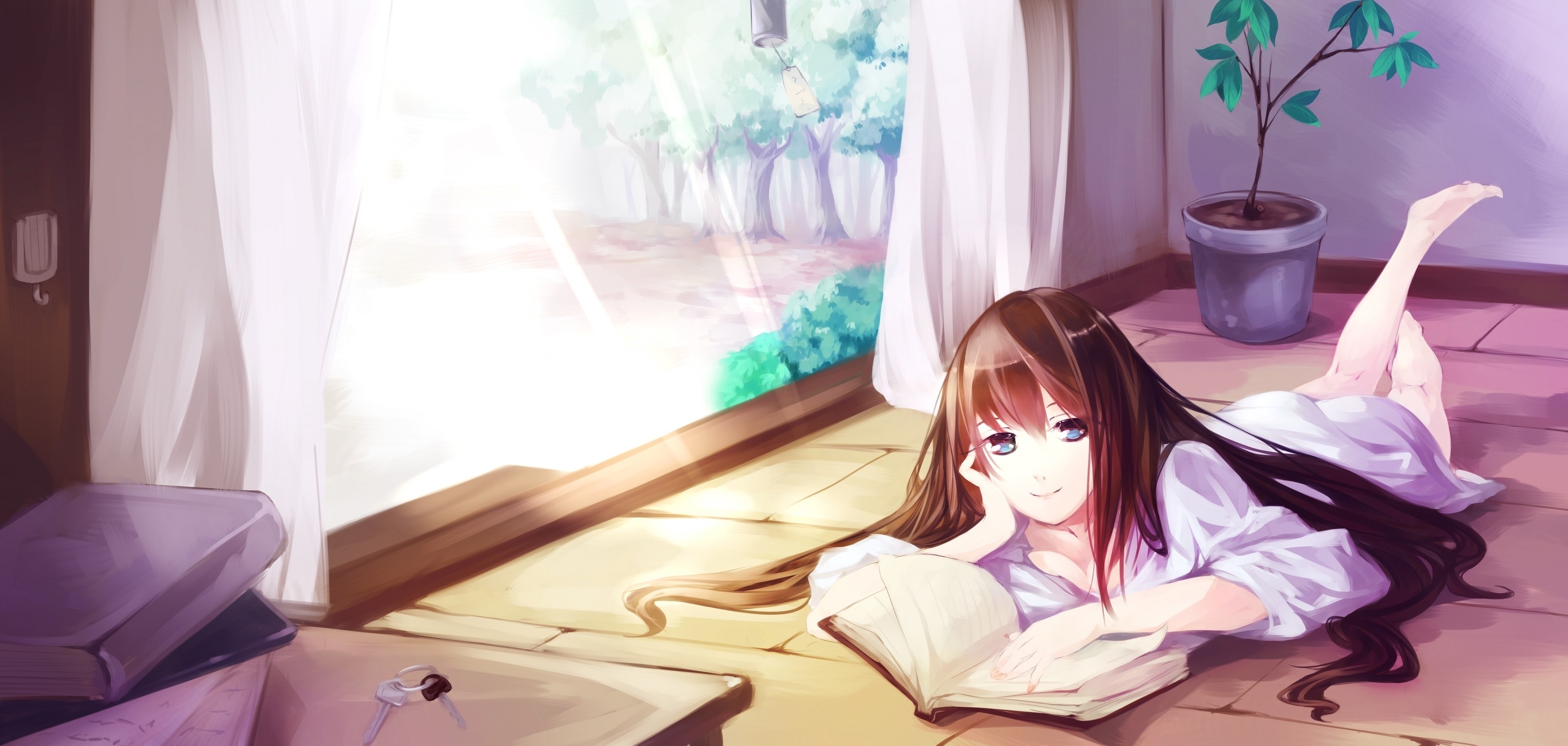 3230x1540 Anime Wallpaper Reading A Book Top Wallpaper, Dual Screen