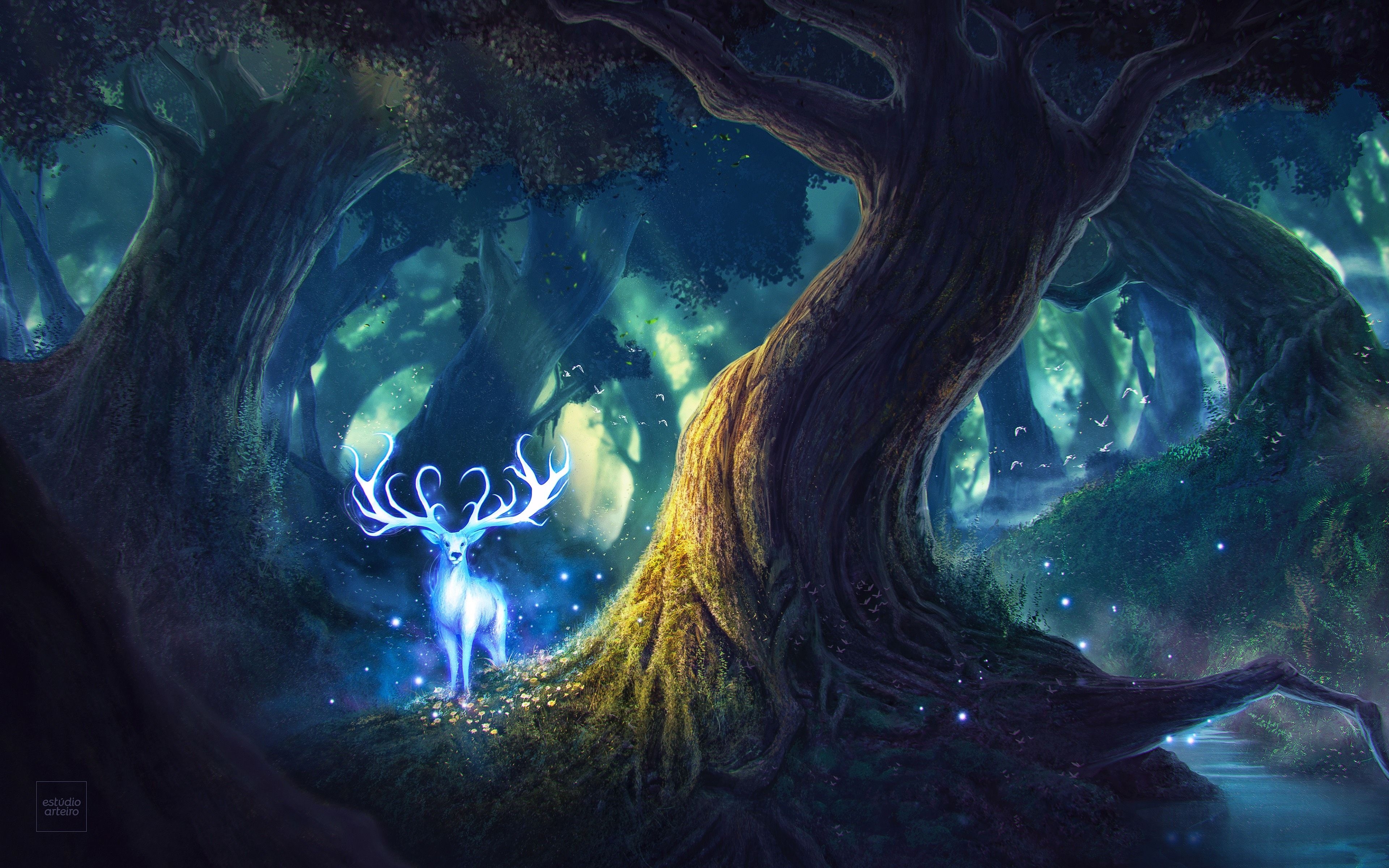 3840x2400 Wallpaper Magic, Forest, Fairies, Deer, HD, 4K, Creative Graphics, Desktop