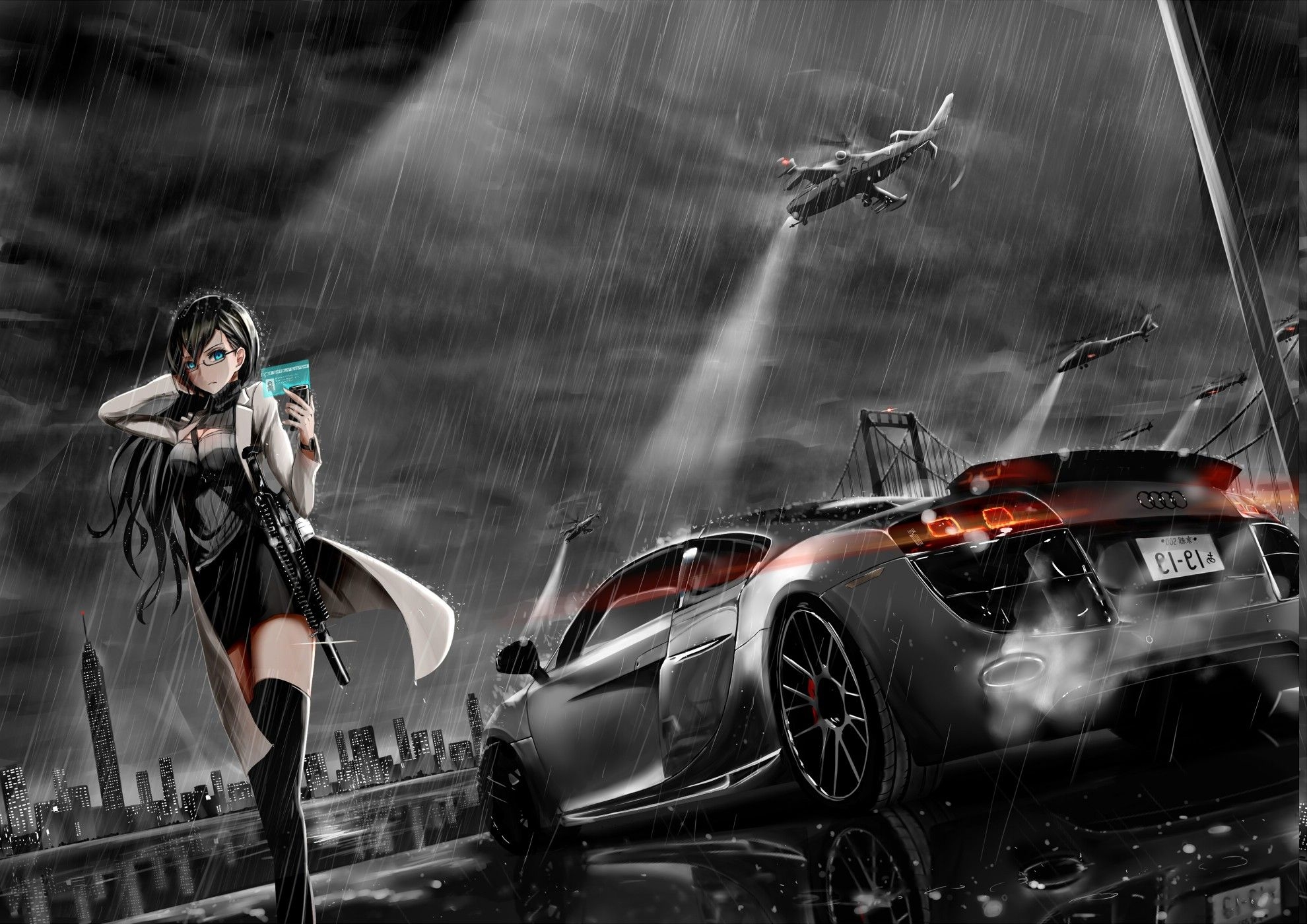 1980x1400 anime Girls, Anime, Audi, Rain, Audi R Blue Eyes, Car, Original, Desktop