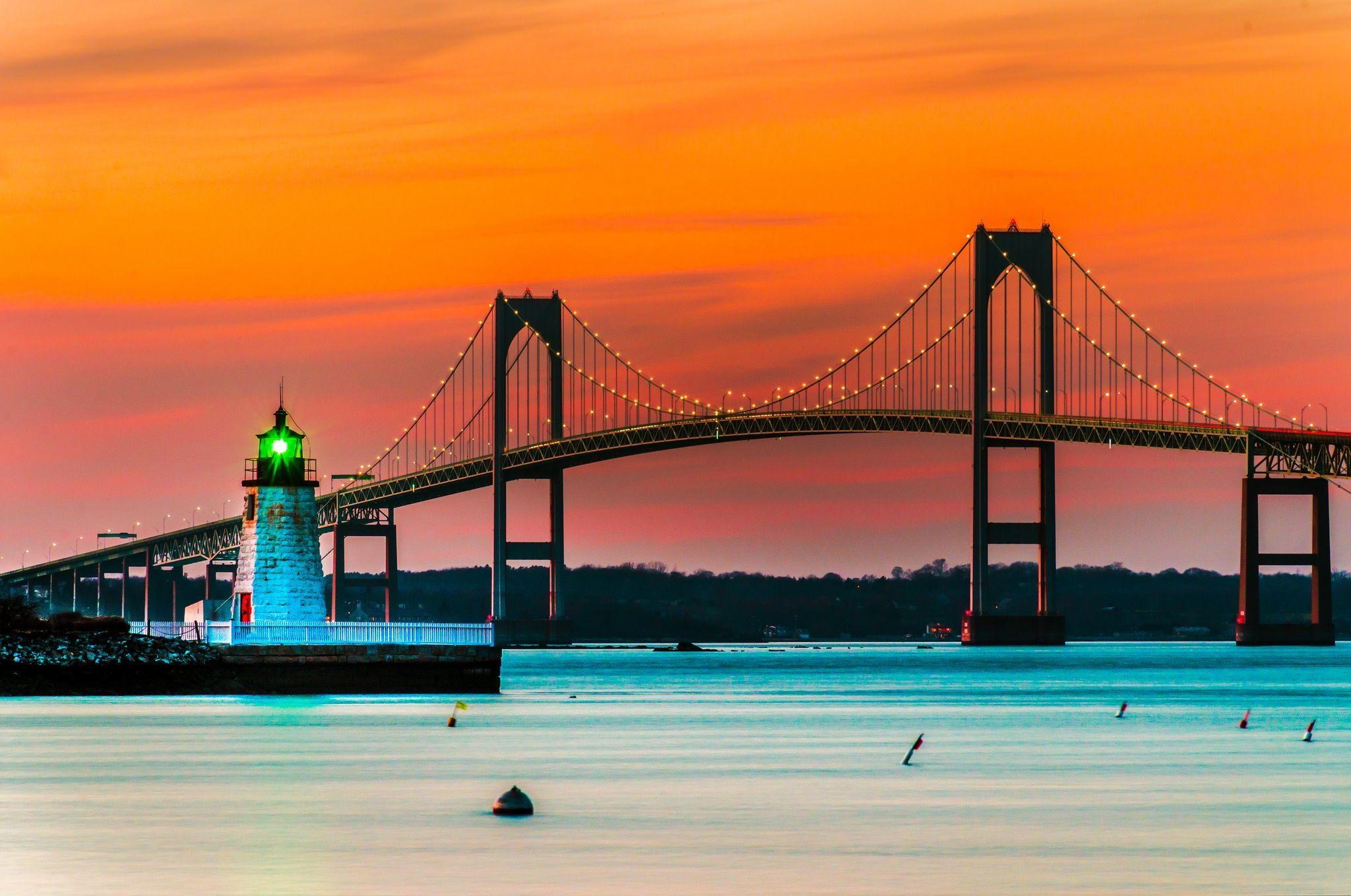 2050x1360 Sunset over Lighthouse and Bridge in Newport, Rhode Island Full HD, Desktop