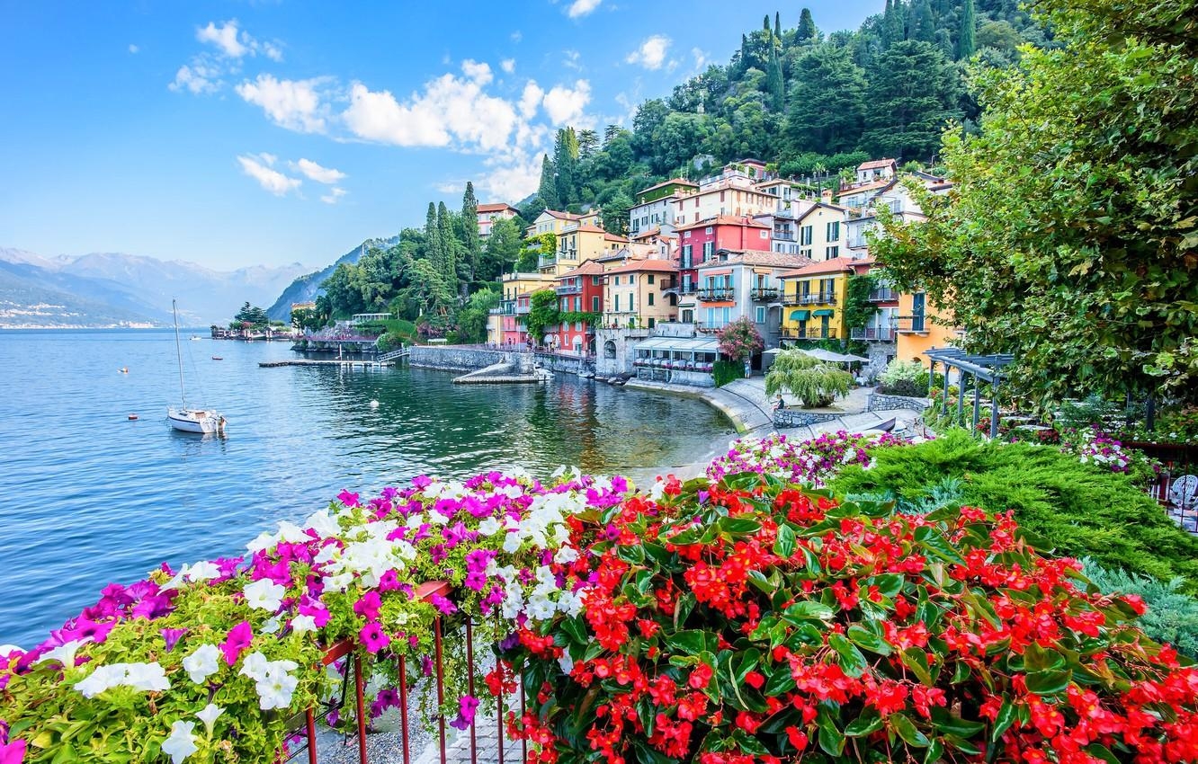 1340x850 Wallpaper flowers, lake, building, home, yacht, Italy, promenade, Desktop