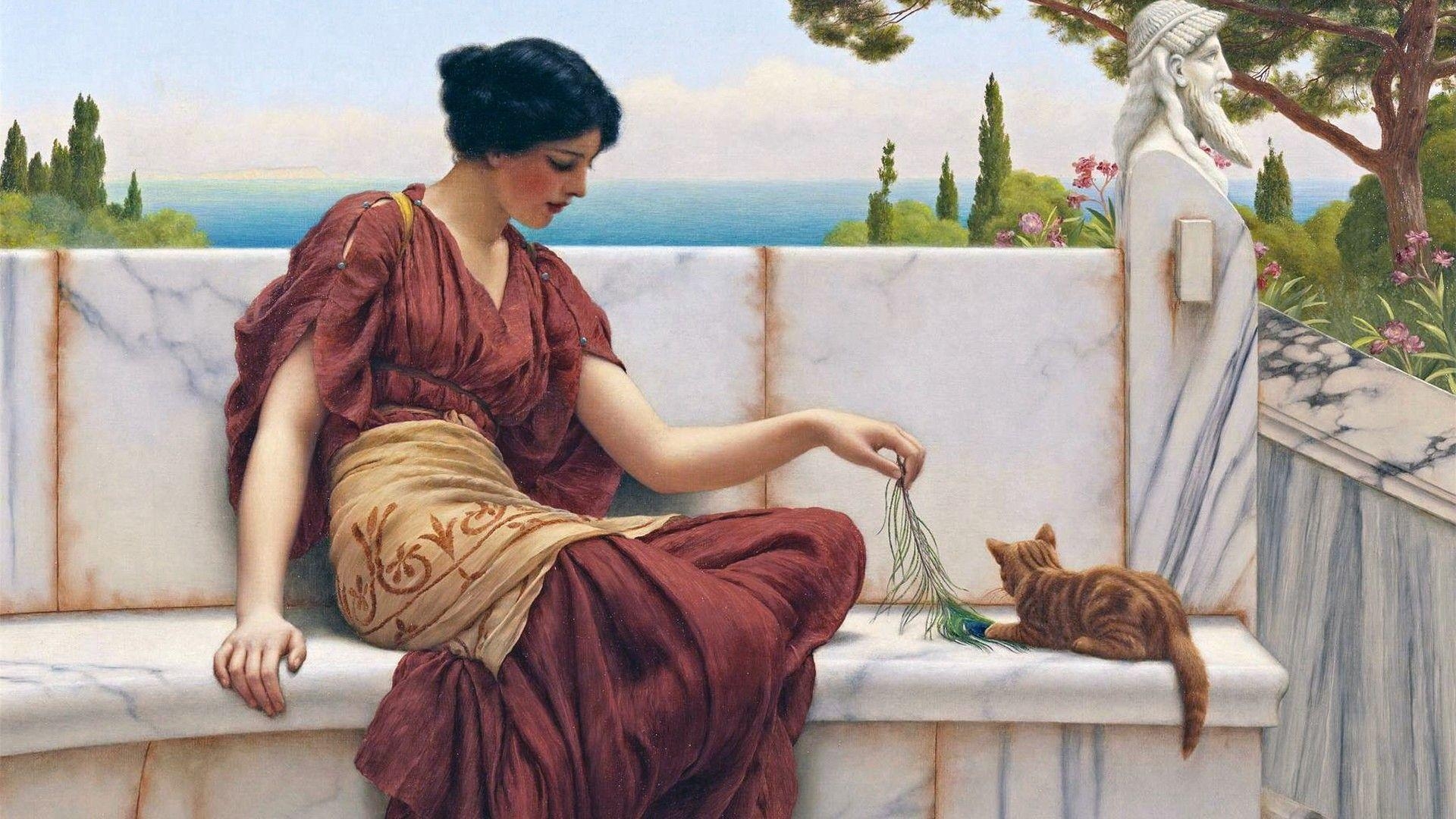 1920x1080 women, paintings, cats, classic art wallpaper, Desktop