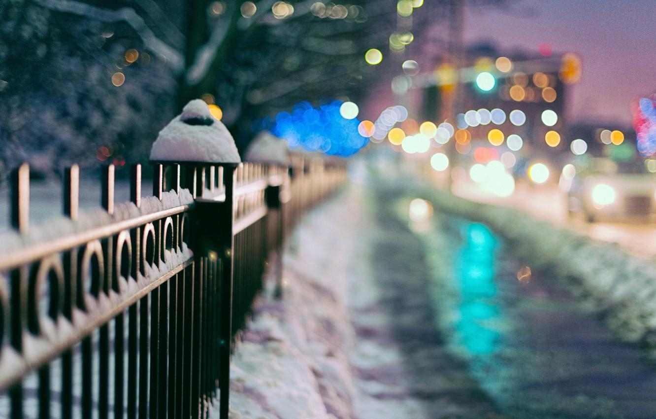 1340x850 Wallpaper winter, macro, snow, trees, the city, lights, background, Wallpaper, the fence, blur, gate, the fence, wallpaper, widescreen, winter, background image for desktop, section макро, Desktop