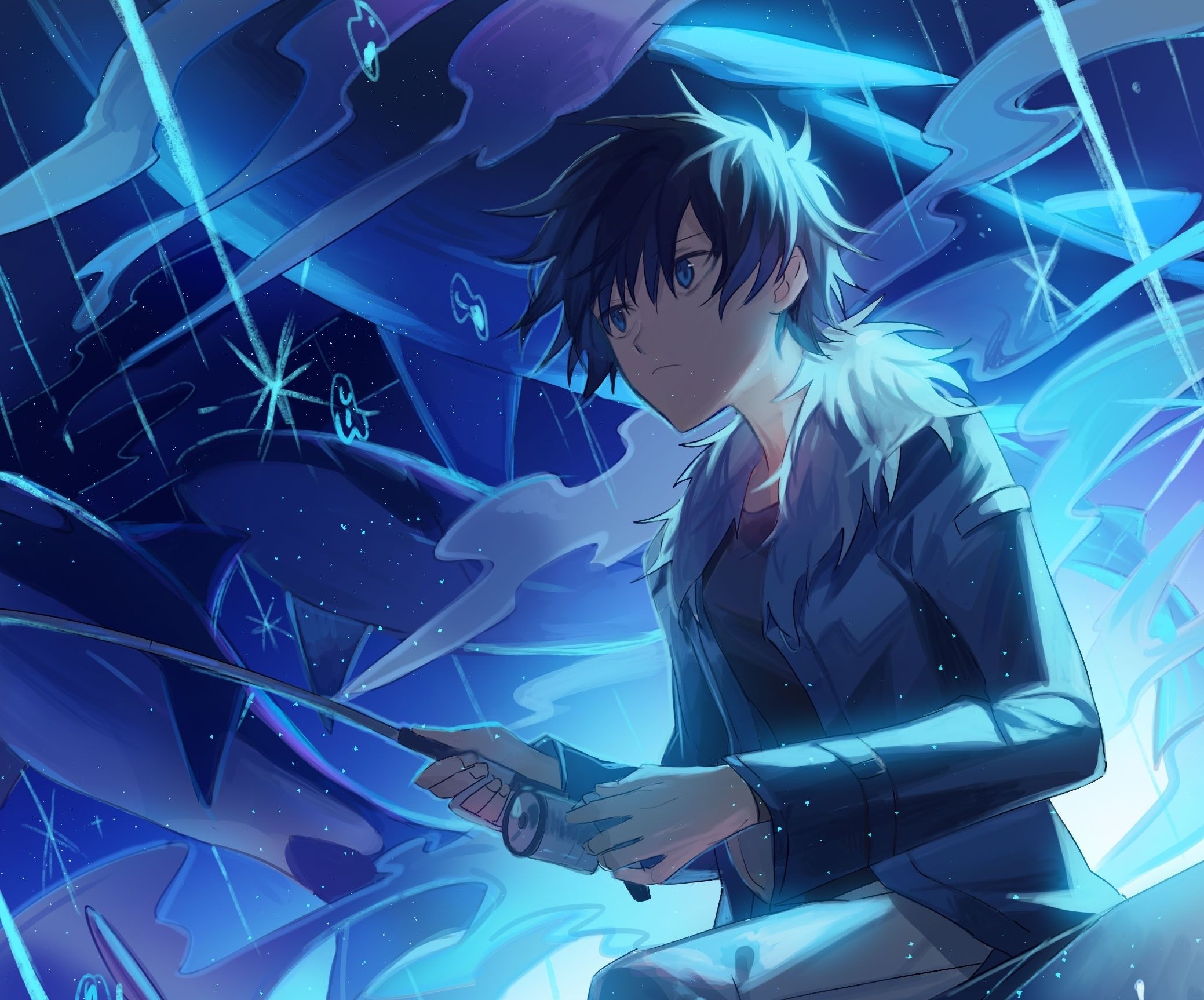 2080x1730 Download  Anime Boy, Fishing, Jacket, Blue Eyes Wallpaper, Desktop