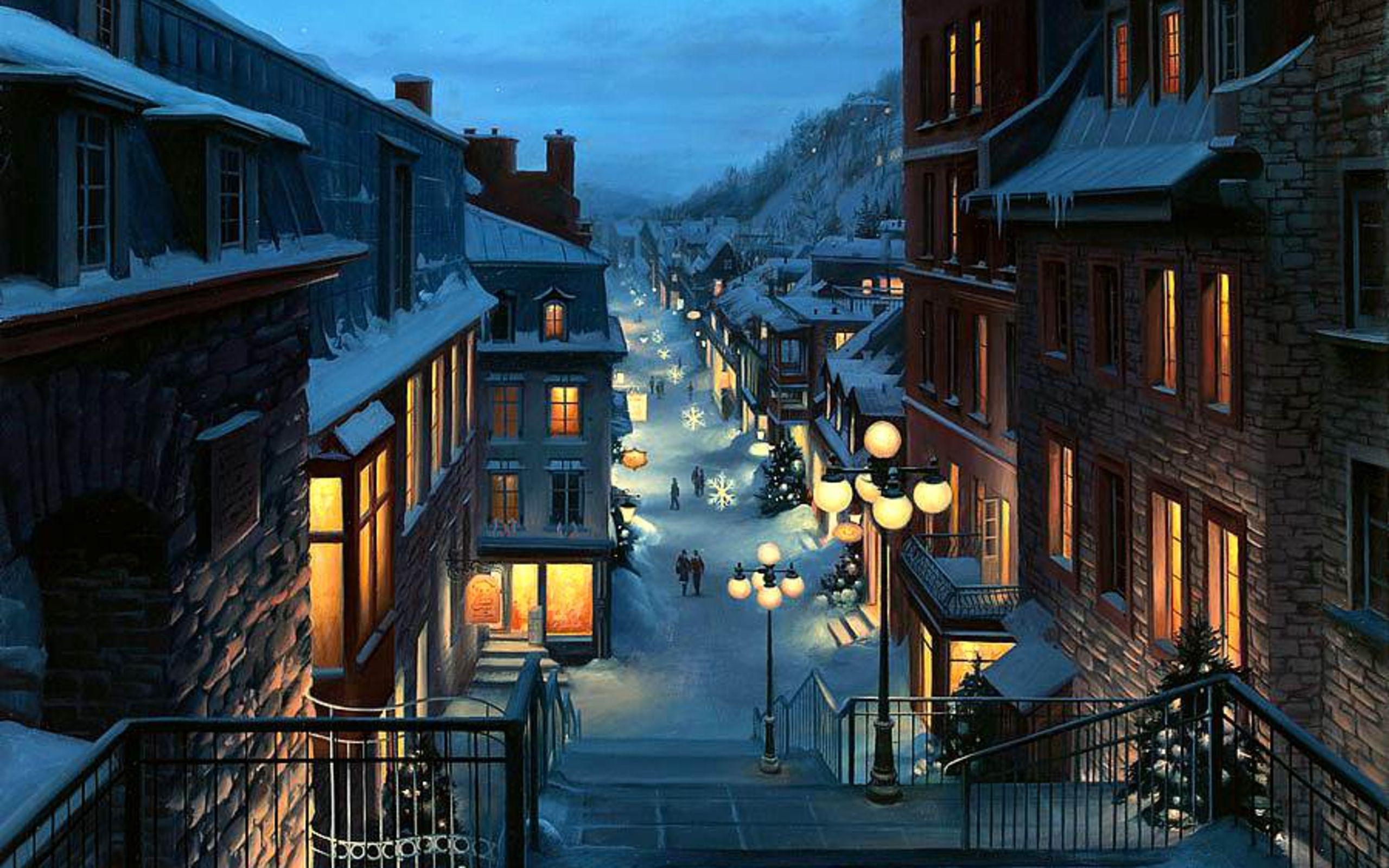 2560x1600 Lushpin landscape city Quebec Province Canada Christmas night painting wallpaperx1600, Desktop