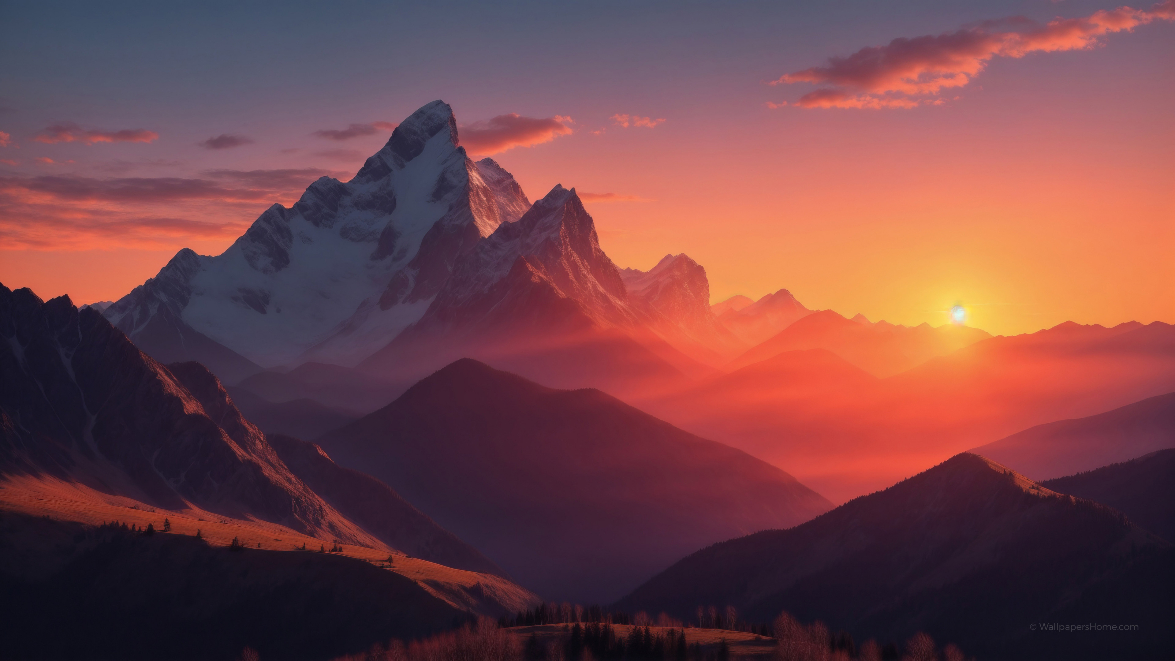 3840x2160 Wallpaper mountains, sunset, windows 12, Desktop