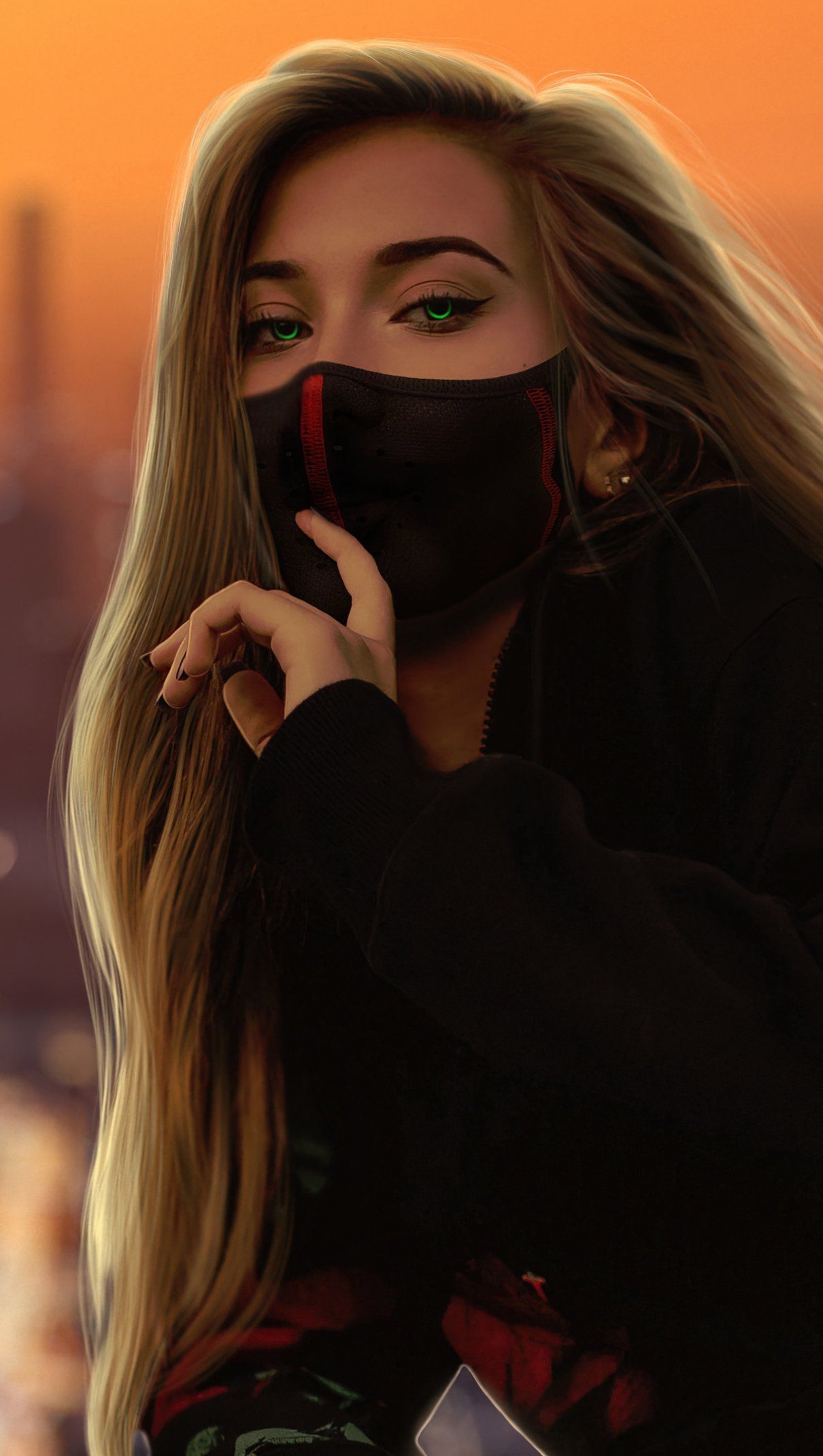 1210x2140 Girl with mask in a city Wallpaper, Phone