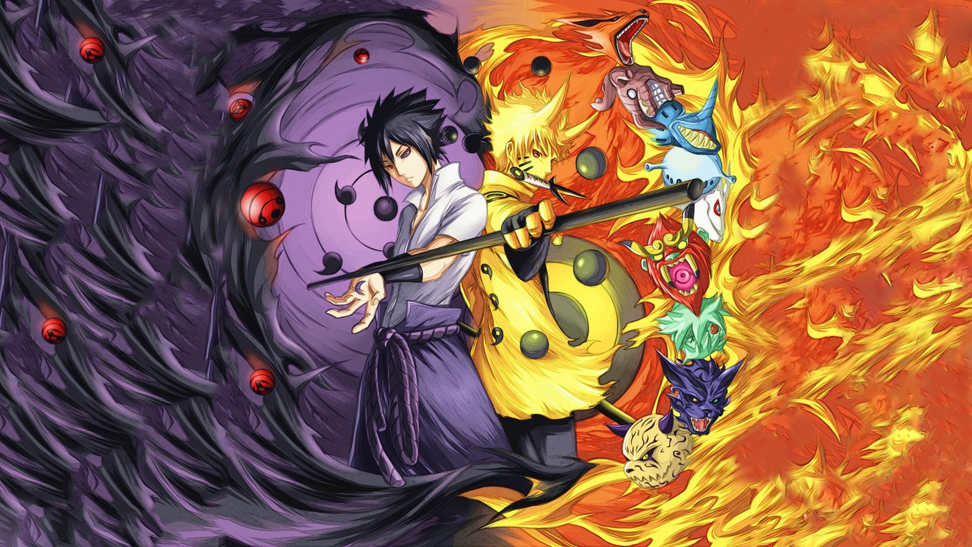 1920x1080 Wallpaper, illustration, anime boys, manga, fire, Naruto Shippuuden, Sharingan, Uzumaki Naruto, Uchiha Sasuke, comics, mythology, Rinnegan, Bijuu, screenshot, computer wallpaper, comic book, Desktop