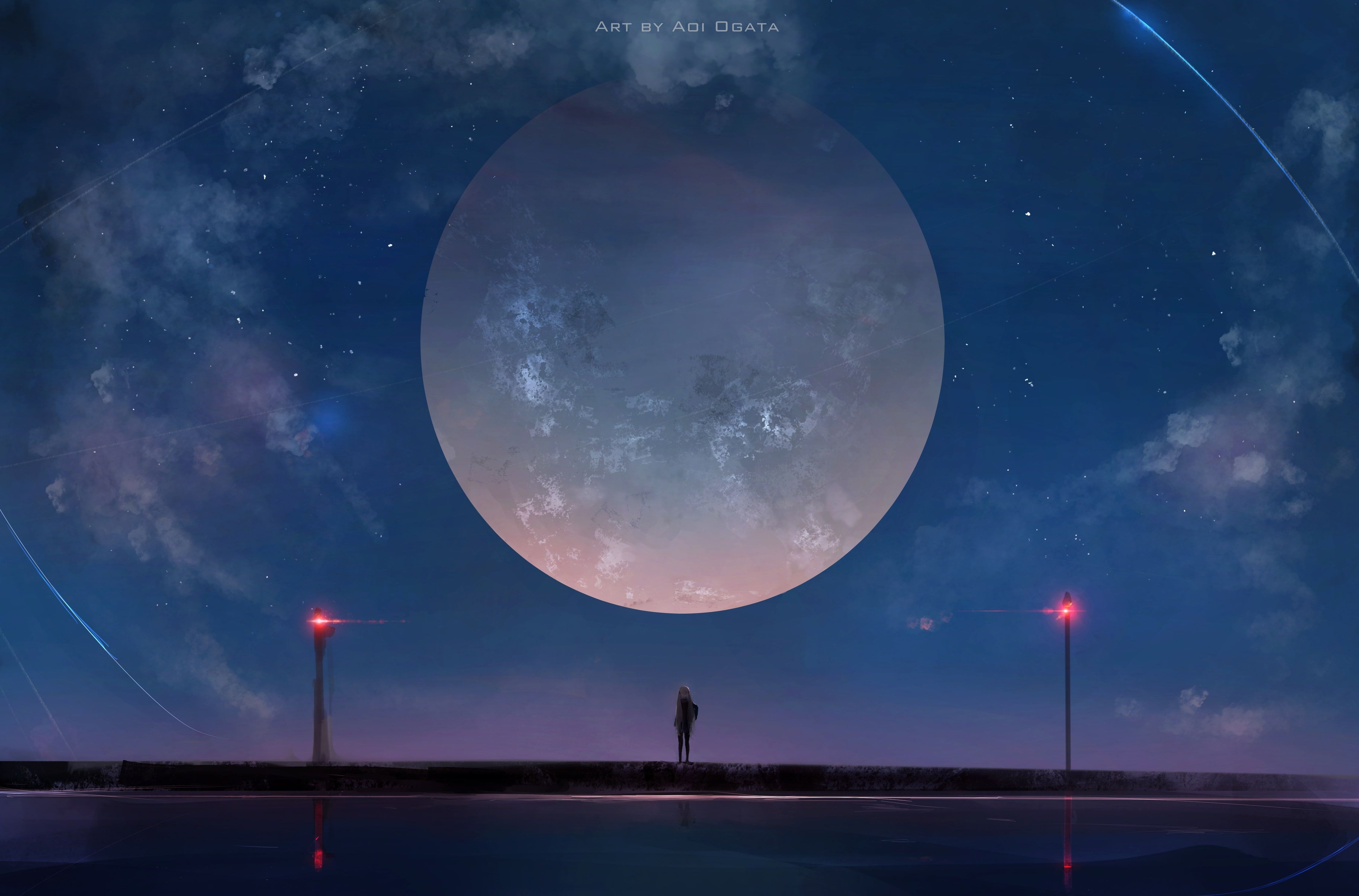 4500x2970 Man standing under full moon digital wallpaper, Alone, Moon, Anime, Desktop