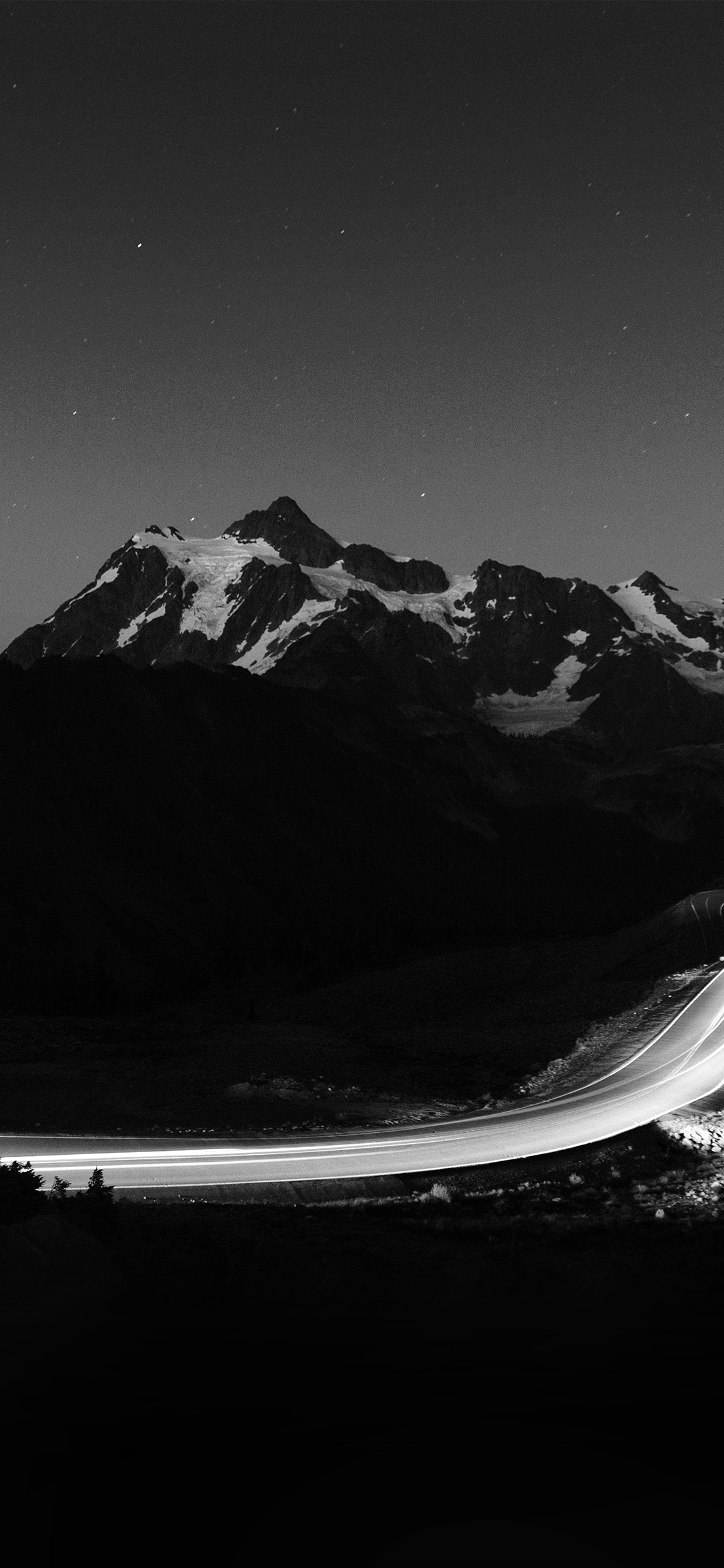 1130x2440 Night Mountain Road Street Light Dark Bw Wallpaper, Phone