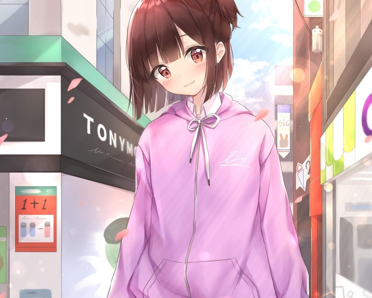 1280x1030 Download  Anime Girl, Sweater, Cute, Street, Short Hair, Desktop