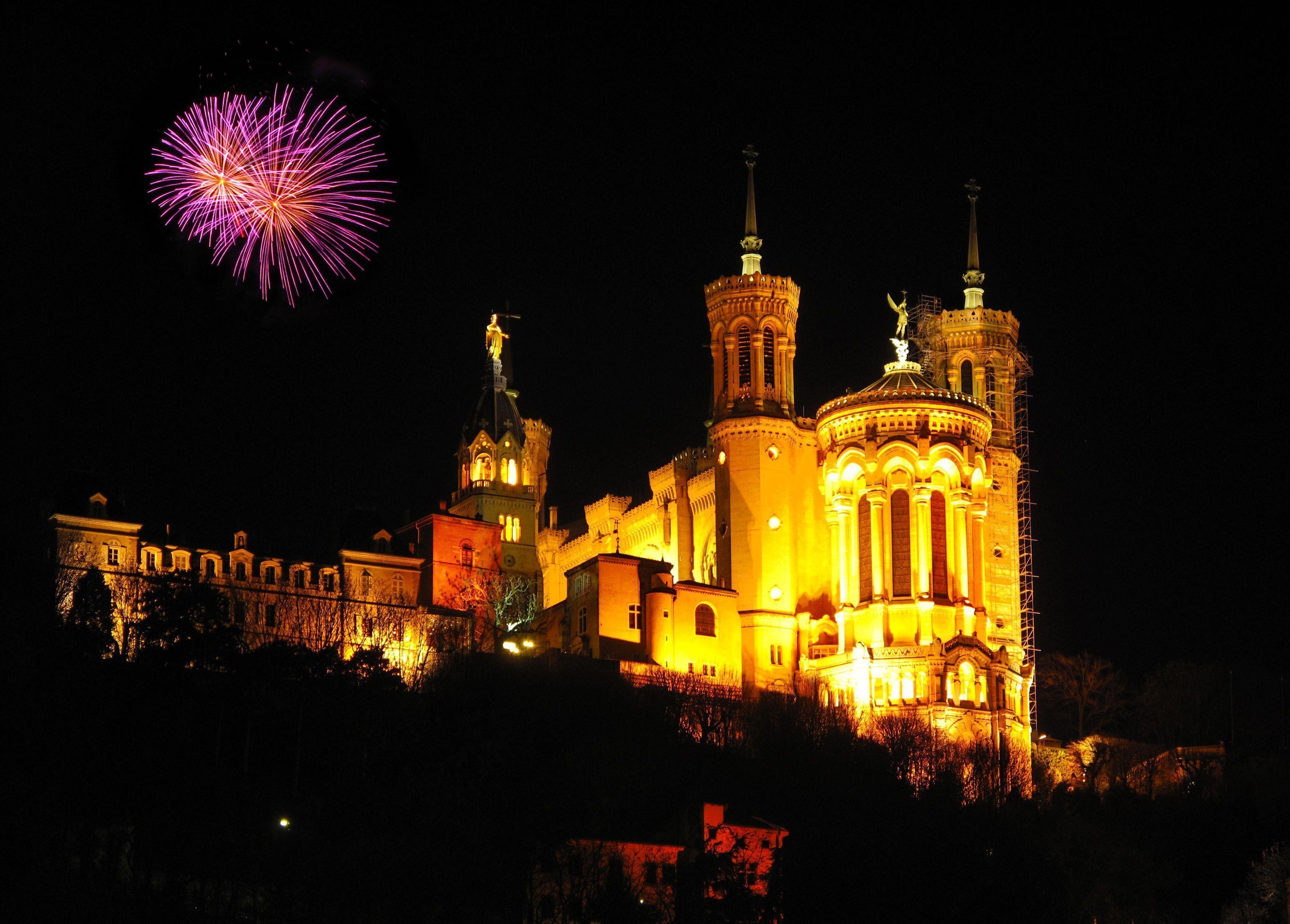 3000x2150 Picture France Fireworks Lyon Notre Dame De Fourviere Temples Night, Desktop