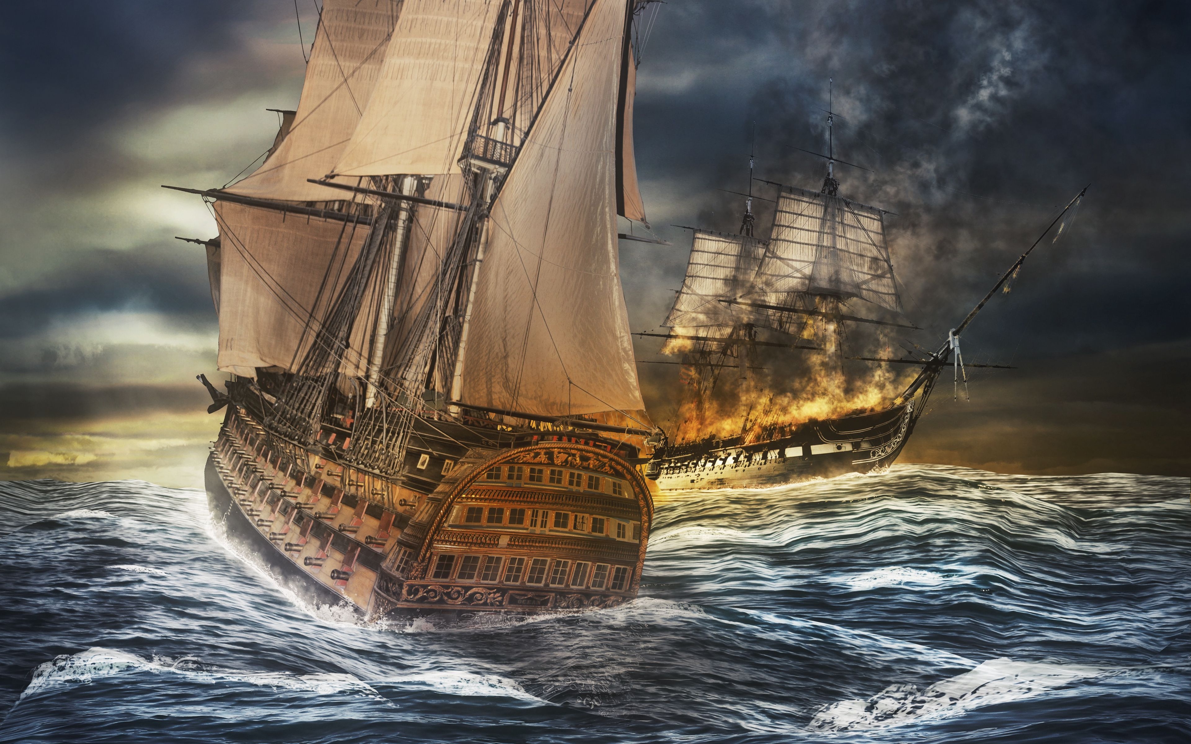 3840x2400 Download wallpaper  ships, sea, storm, sea battle, Desktop