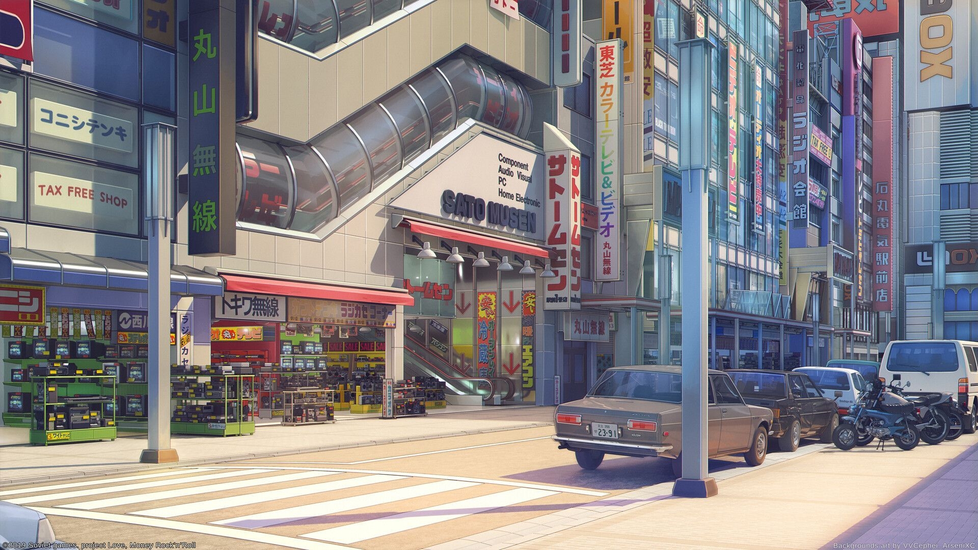 1920x1080 Akihabara South Exit in game variants, Arseniy Chebynkin. Anime places, Scenery background, Anime scenery, Desktop