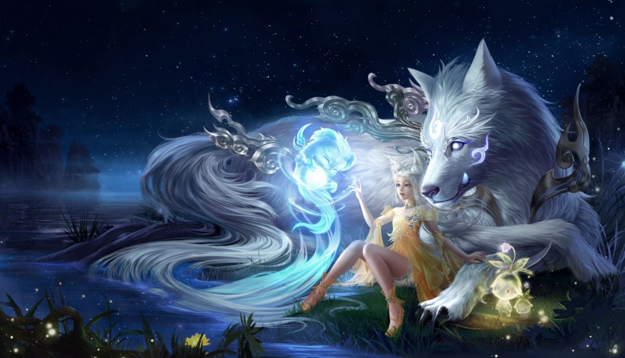 1220x700 Water wolves girls magic night fire drawings fantasy widescreen wallpaperx1102, Desktop