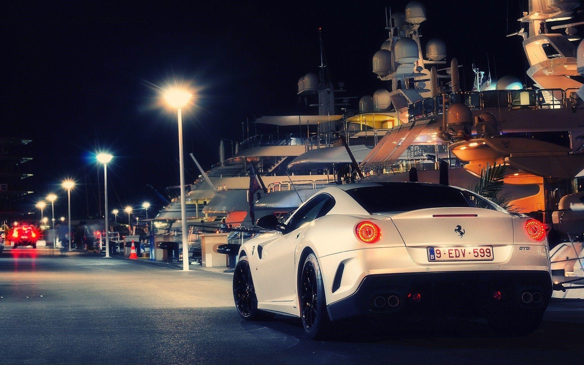 1920x1200 Ferrari 599 GTB Fiorano Night Monaco City Port Yacht Photo, Desktop