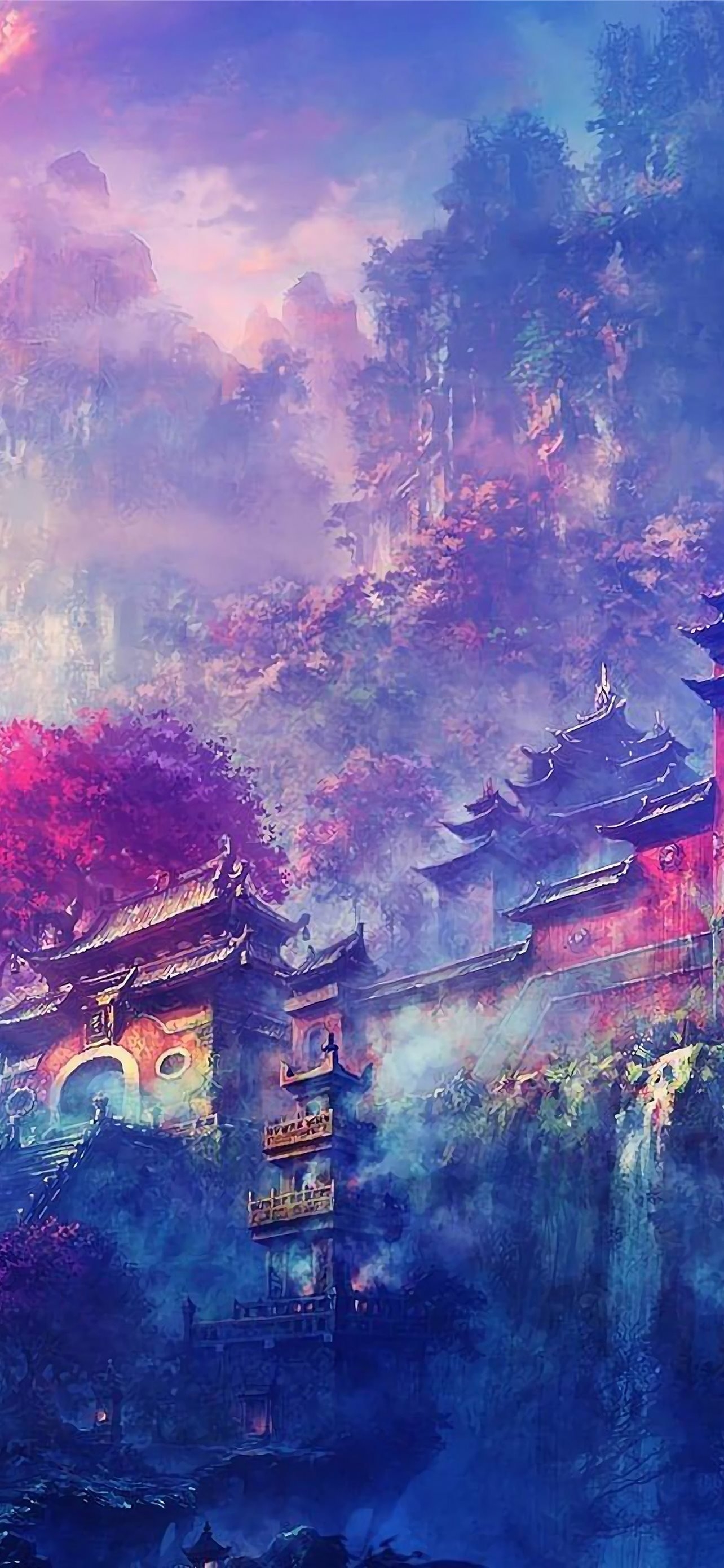 1290x2780 Buddha Oriental Castle Scenery Anime 4K iPhone Wallpaper Free Download, Phone