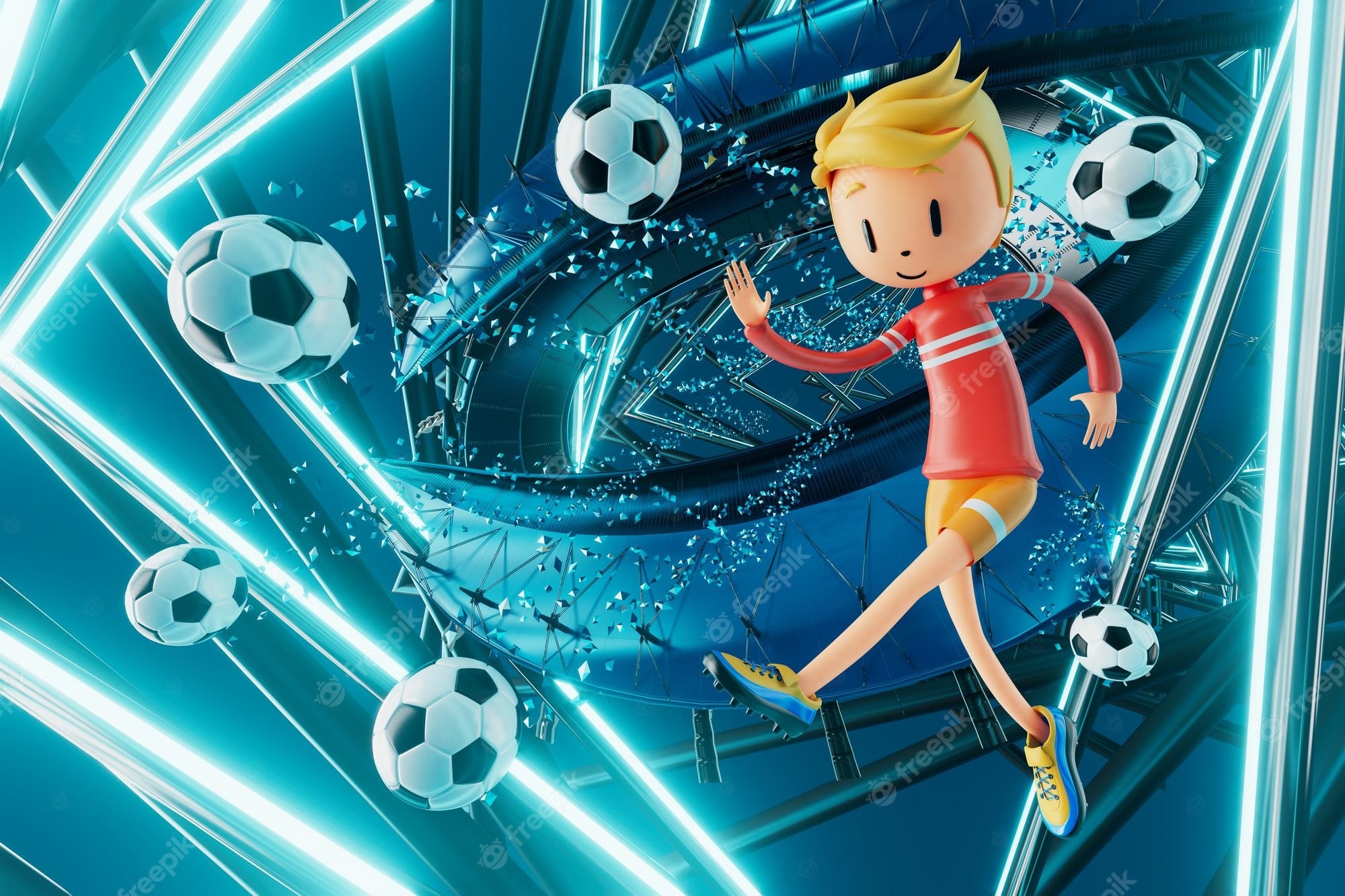 2000x1340 Premium Photod boy character football player in soccer action 3D illustration sports background concept men kick motion sports action person graphic wallpaper cartoon game soccer creative poster layout, Desktop