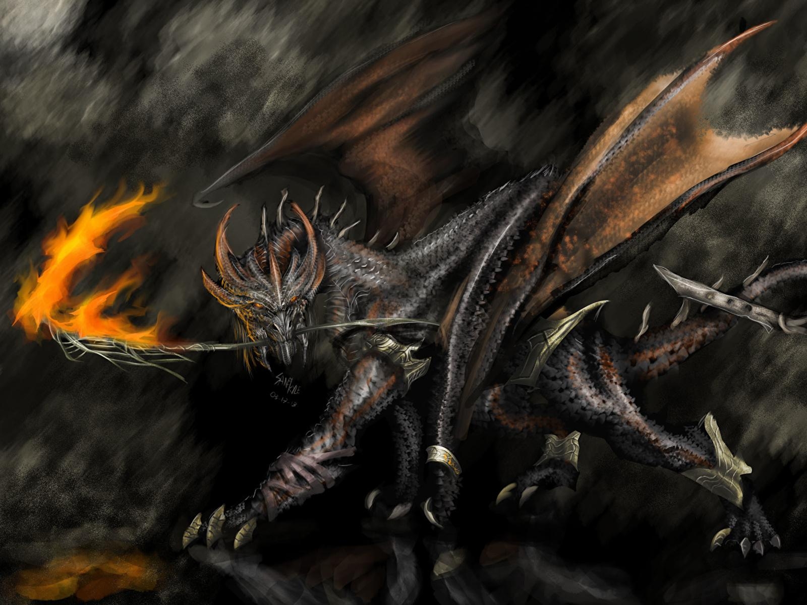 1600x1200 Photos dragon Wings Fantasy Fire, Desktop