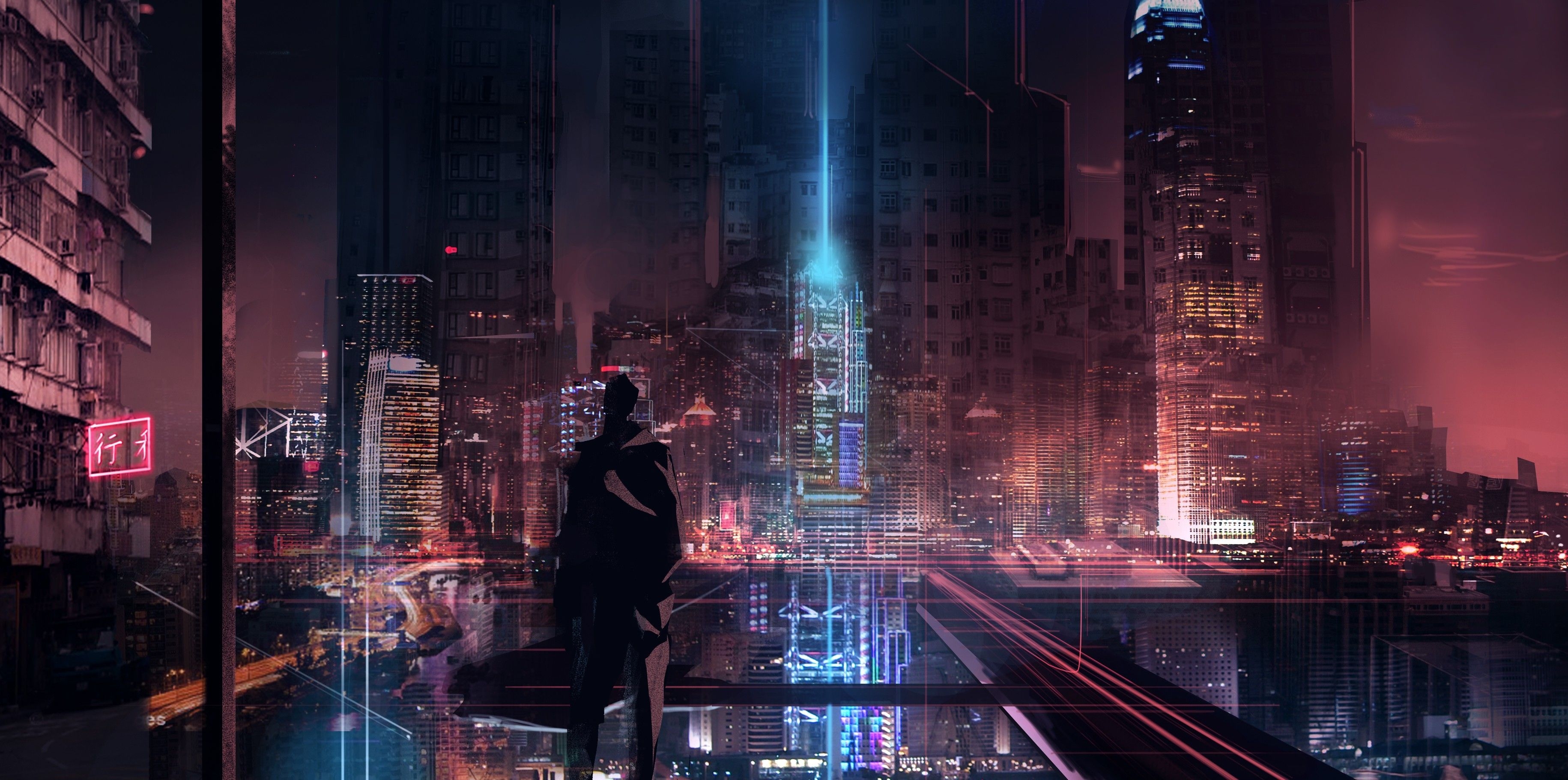 3670x1830 Cyber City Wallpaper Free Cyber City Background, Dual Screen