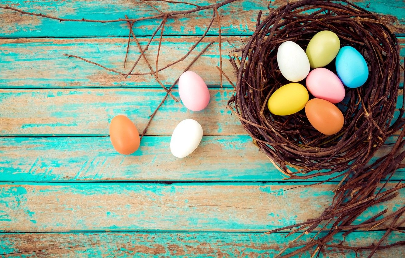 1340x850 Photo Wallpaper Branches, Basket, Eggs, Spring, Colorful, Wallpaper Vintage Wallpaper & Background Download, Desktop