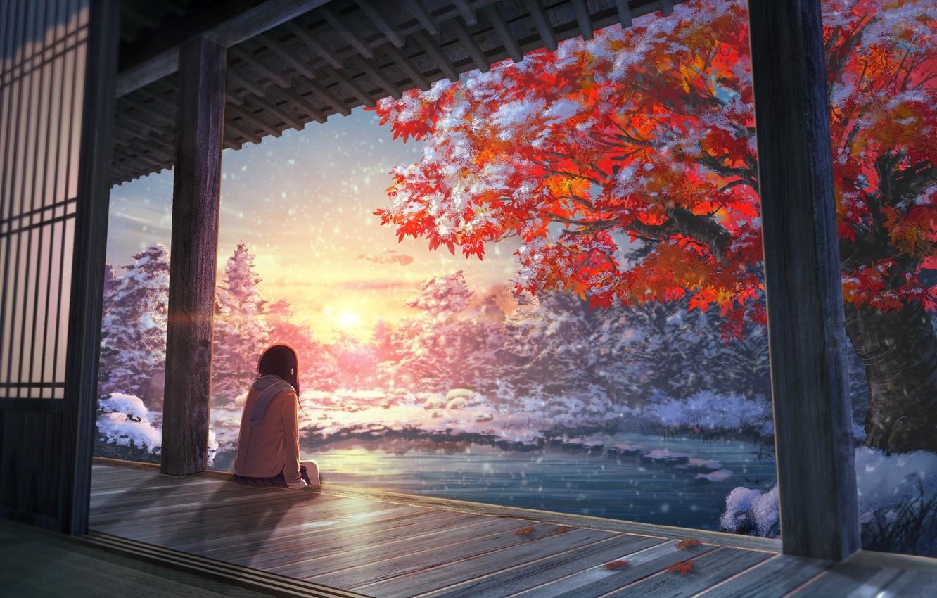 1340x850 Wallpaper autumn, girl, tree, anime, art image for desktop, section арт, Desktop