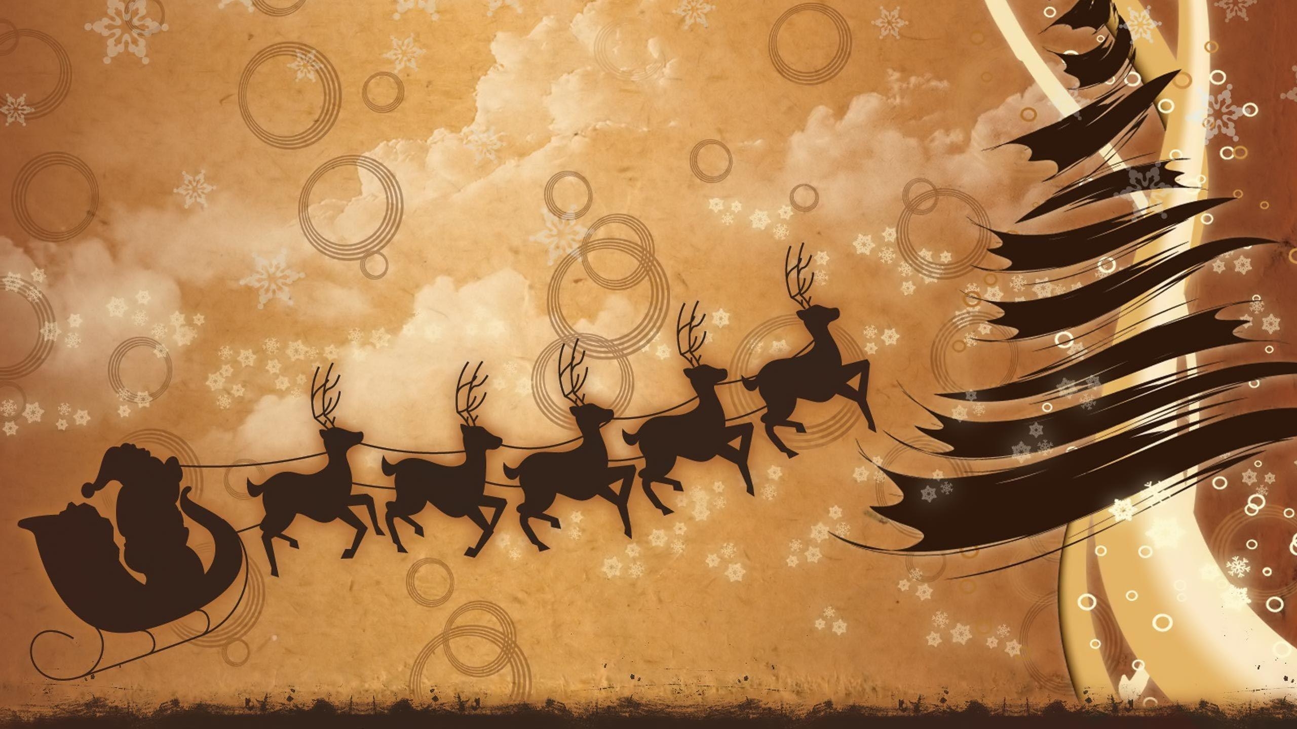 2560x1440 Christmas Tree Flying Sledge Reindeer and Santa Claus HD Wallpaper, Desktop