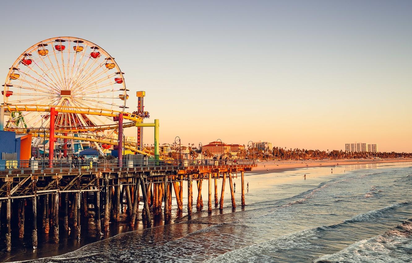 1340x850 Wallpaper wave, beach, the sky, sunset, people, CA, Ferris wheel, Desktop