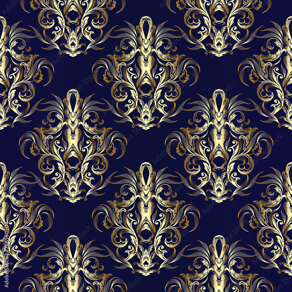 1000x1000 Gold Baroque seamless pattern. Vector royal ornate blue damask background. Golden vintage 3D damask ornaments in baroque Victorian style. Antique repeated design for wallpaper, fabric, textile, print Stock Vector, Phone