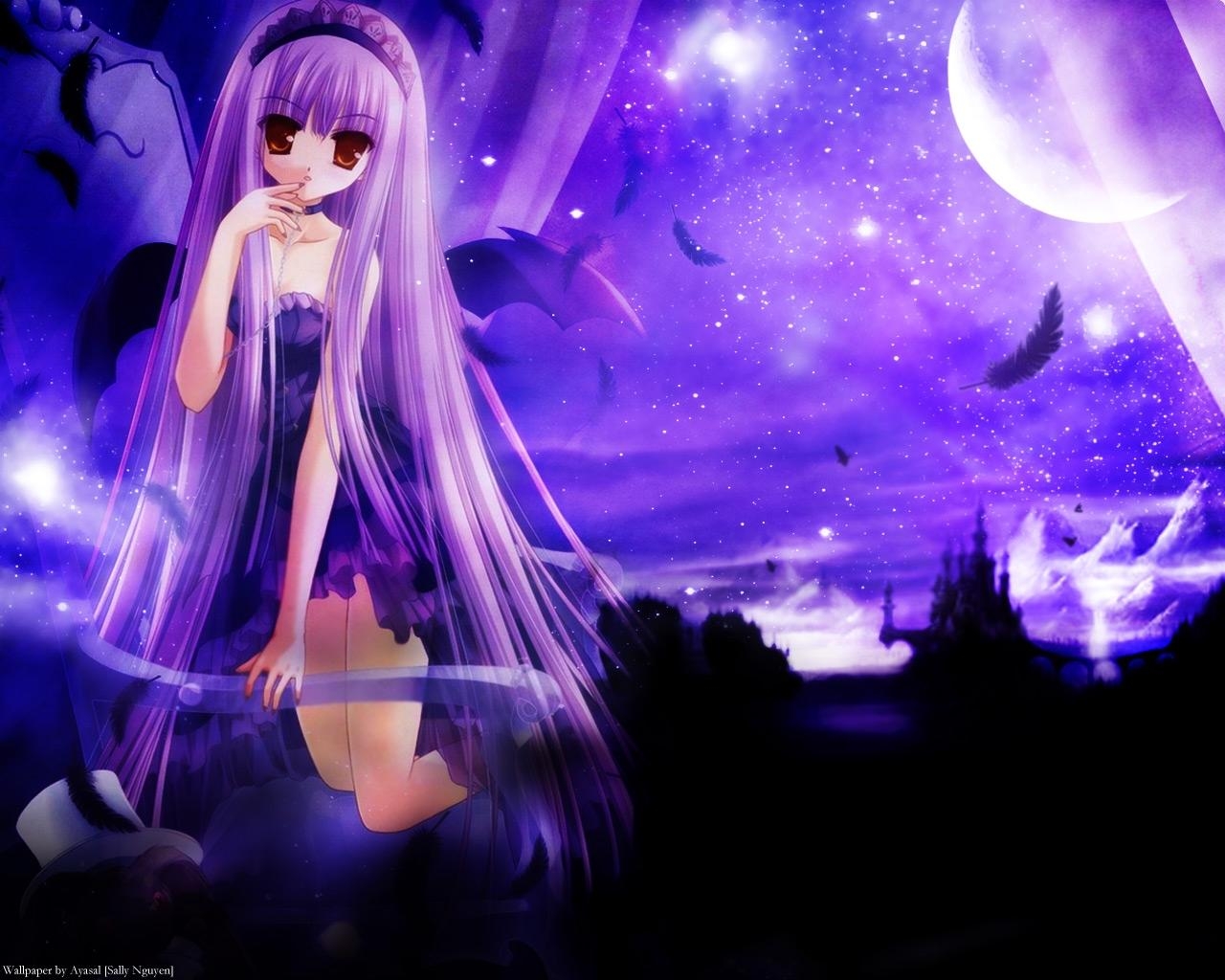 1280x1030 feathers purple hair anime girls  wallpaper High, Desktop