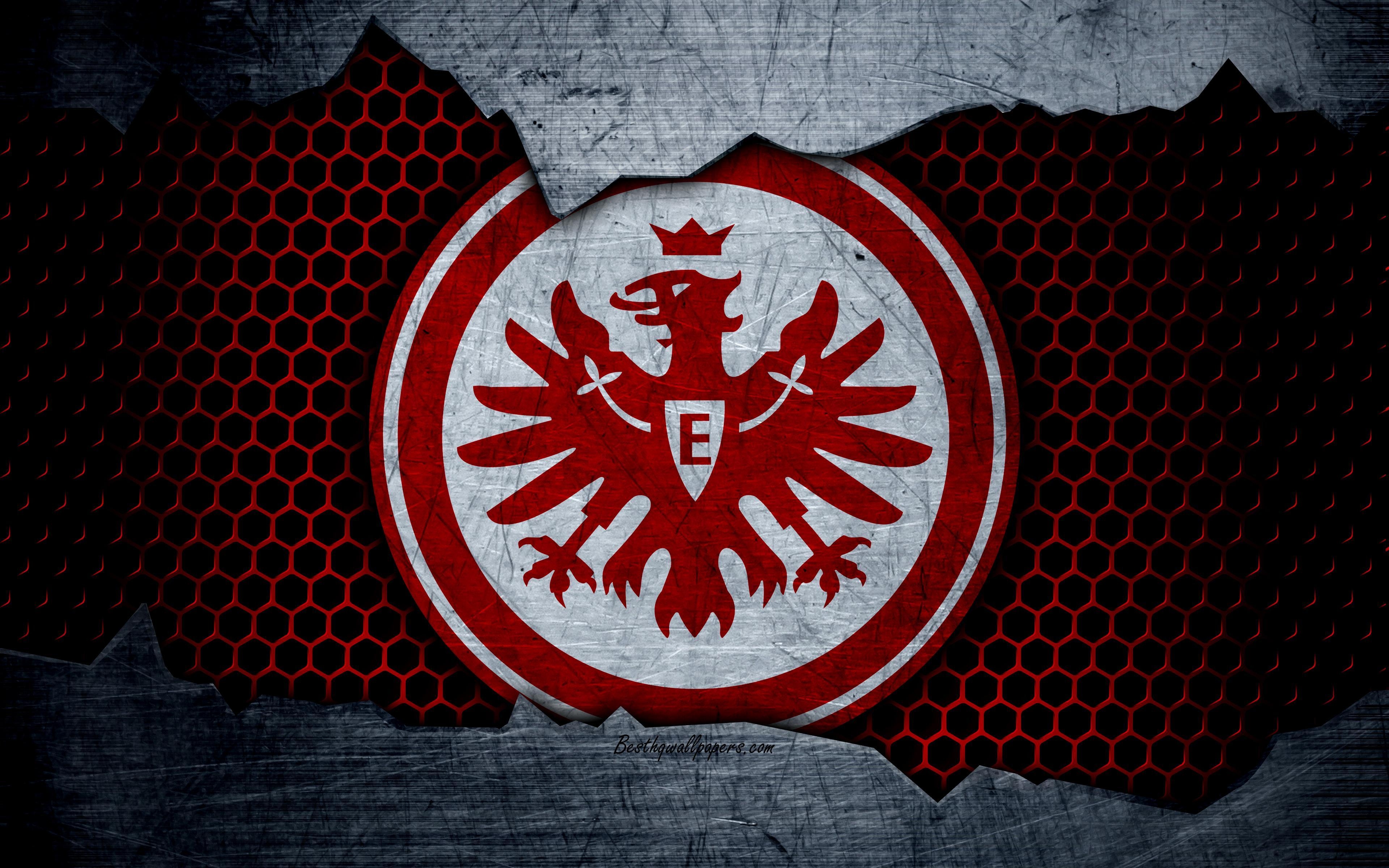 3840x2400 Download wallpaper Eintracht, 4k, logo, Bundesliga, metal texture, Desktop