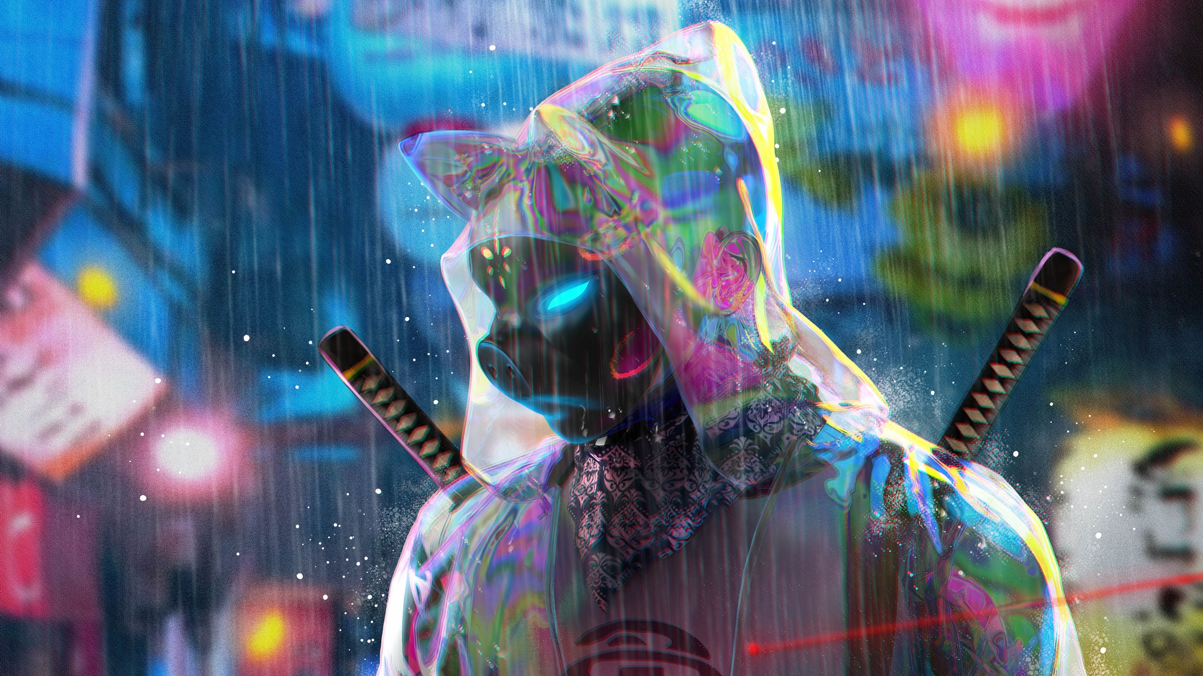 3840x2160 4K, rain, screen shot, cyberpunk, science fiction, neon, Yang Tuo, warrior Gallery HD Wallpaper, Desktop