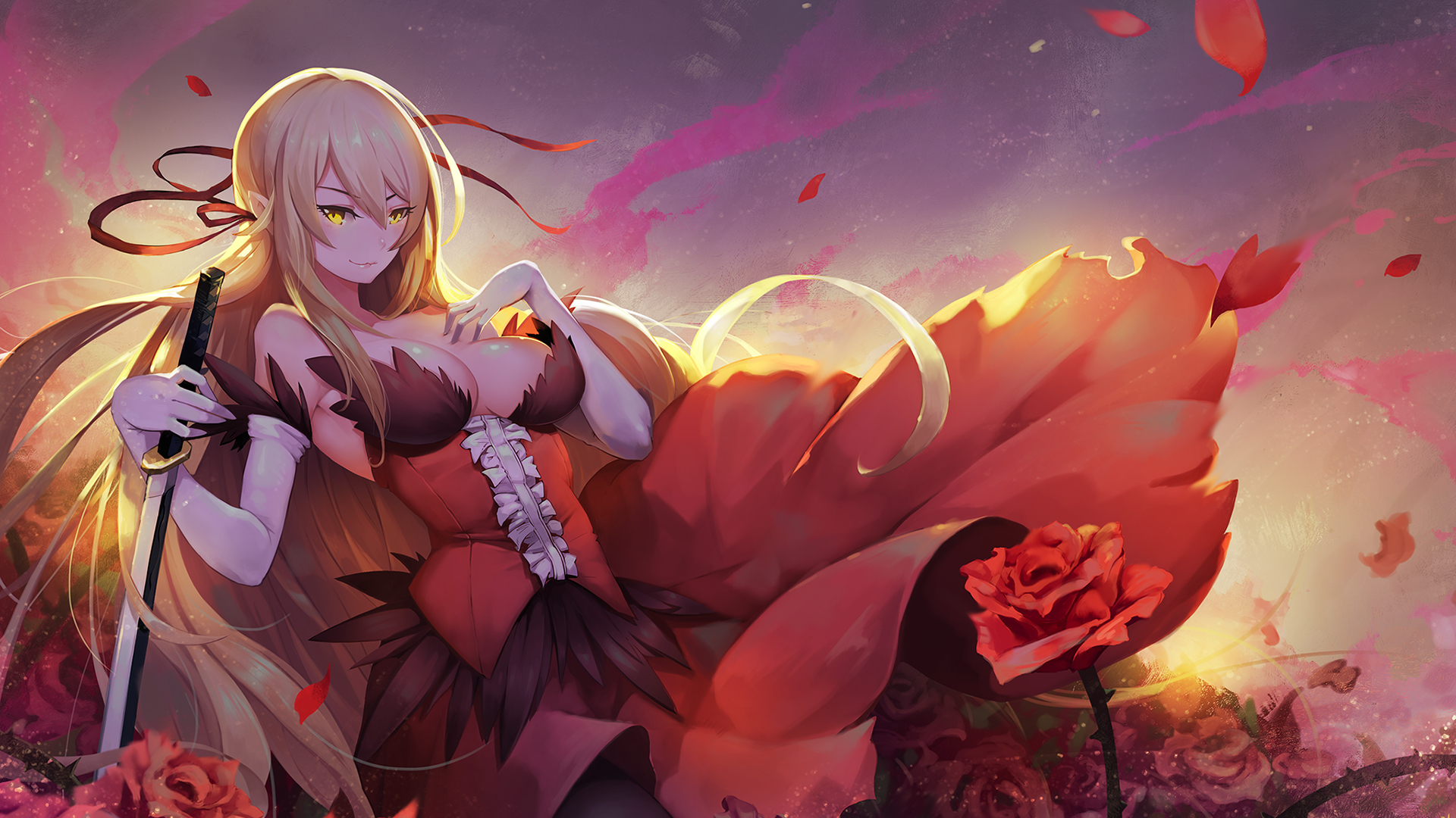 1920x1080 Wallpaper, blonde, sword, gloves, Monogatari Series, Oshino Shinobu, Desktop