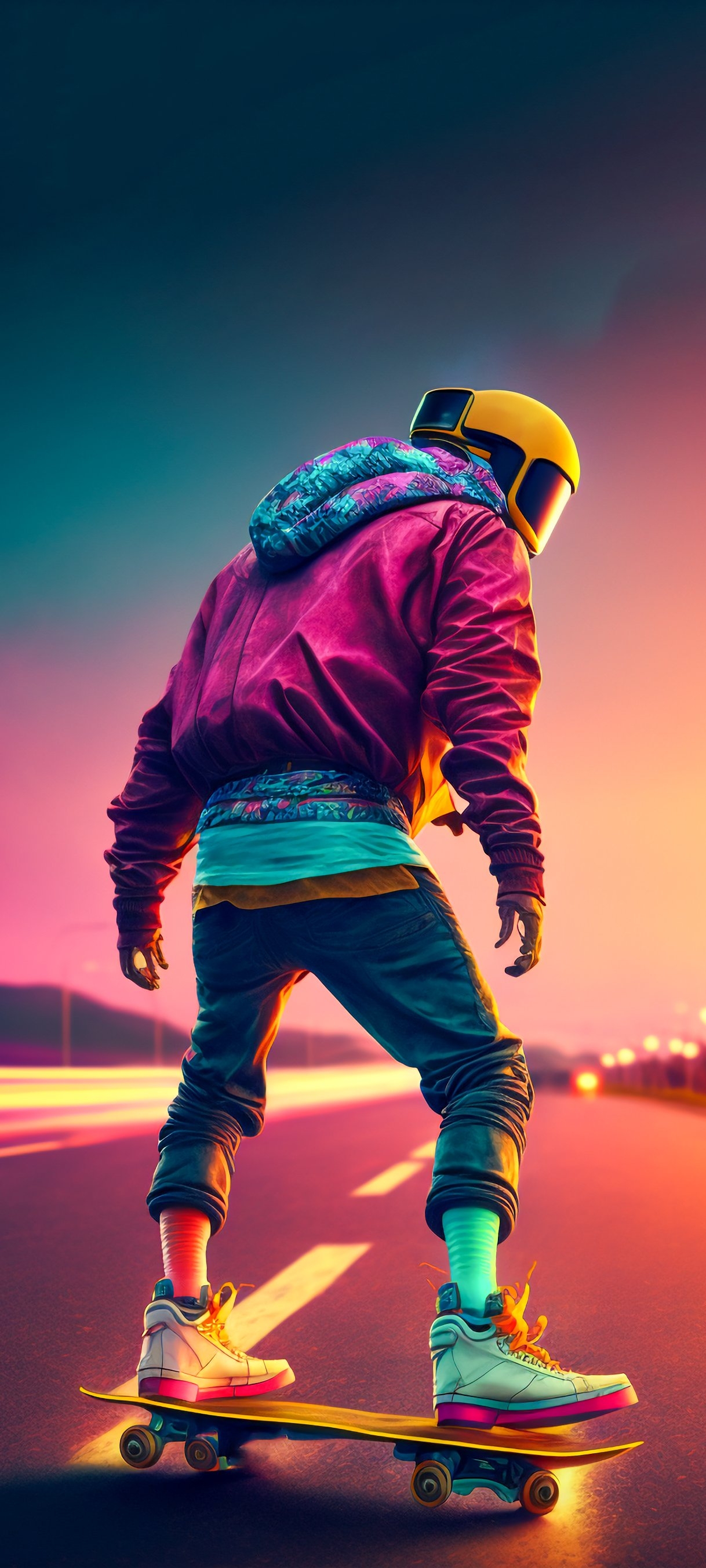 1220x2710 Retrowave Skateboard Phone Wallpaper, Phone