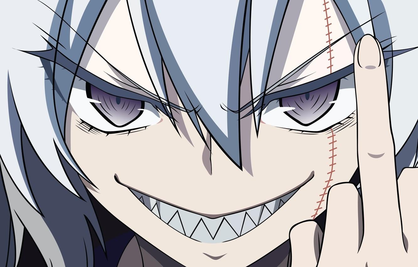 1340x850 Wallpaper teeth, finger, gesture, scar, Akuma no Riddle, Mahiru Banba, bad girl, hell of a grin, face image for desktop, section прочее, Desktop