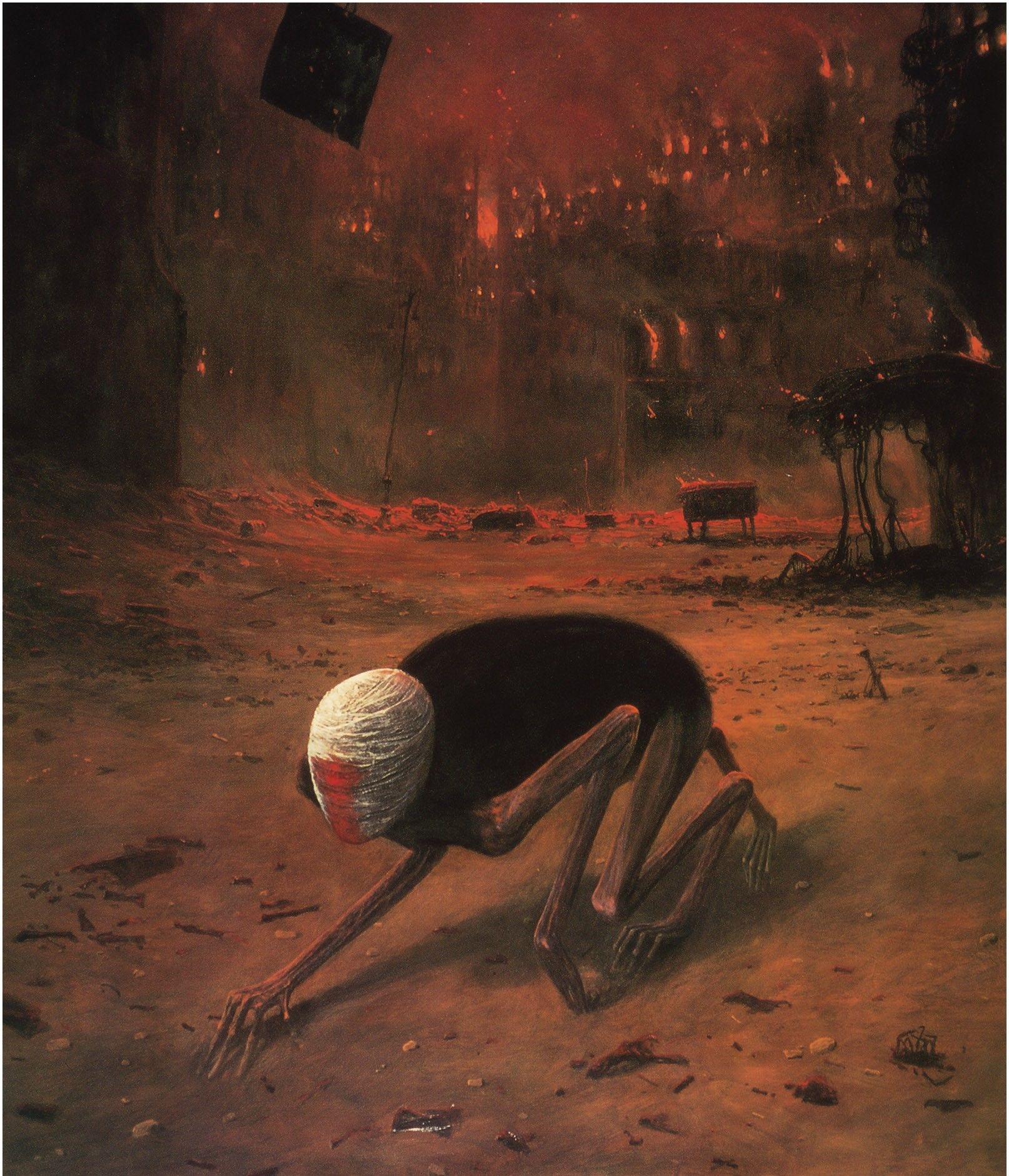 1620x1890 Zdzisław Beksiński, picture, surreal, dark, cityscape, burning, Phone