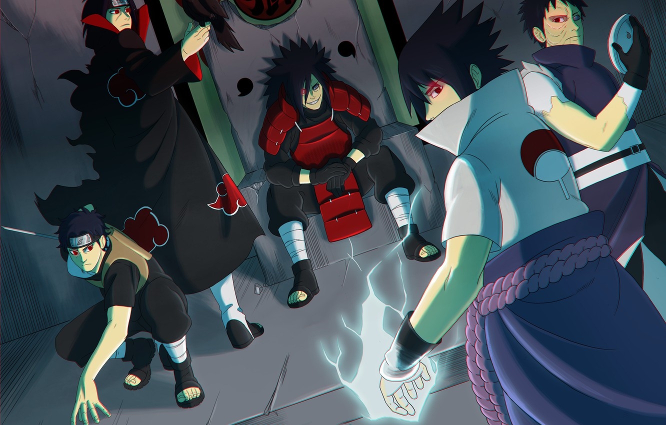 1340x850 Wallpaper logo, game, Sasuke, Naruto, armor, crow, anime, man, Itachi, sharingan, evil, asian, Akatsuki, mask, Uchiha, manga image for desktop, section сёнэн, Desktop