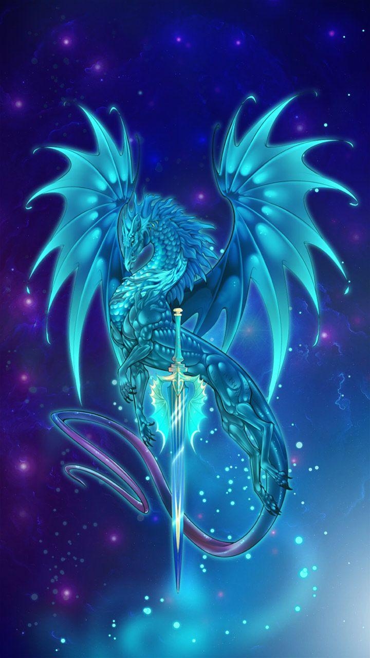 720x1280 Glowing dragon art, holding metallic silver sword prepared, Phone