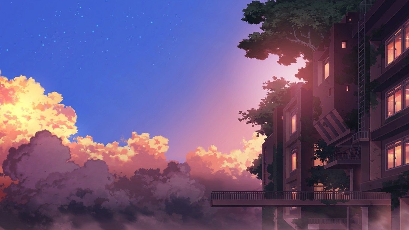 1370x770 Download  Anime Landscape, Building, Sunset, Clouds, Desktop