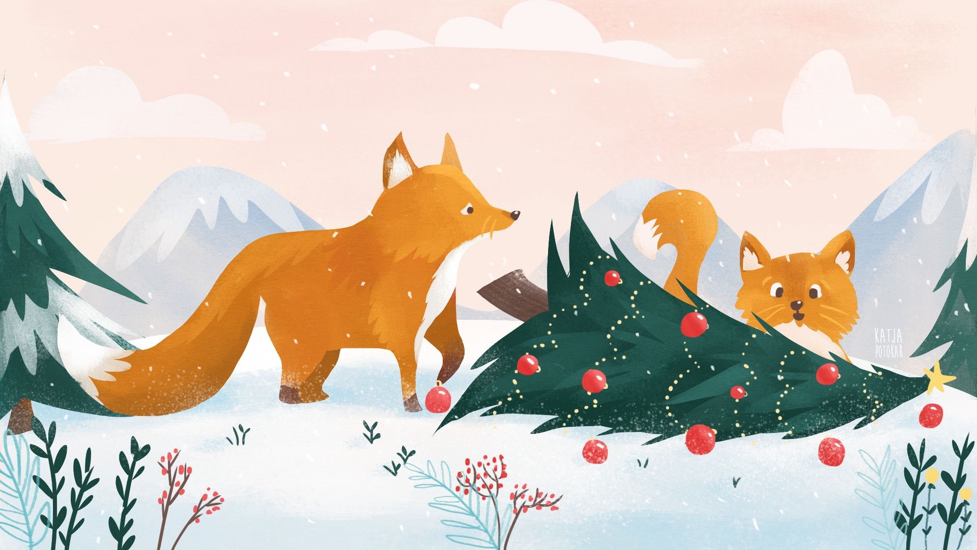 1920x1080 Cartoon Christmas Fox Wallpaper, Desktop