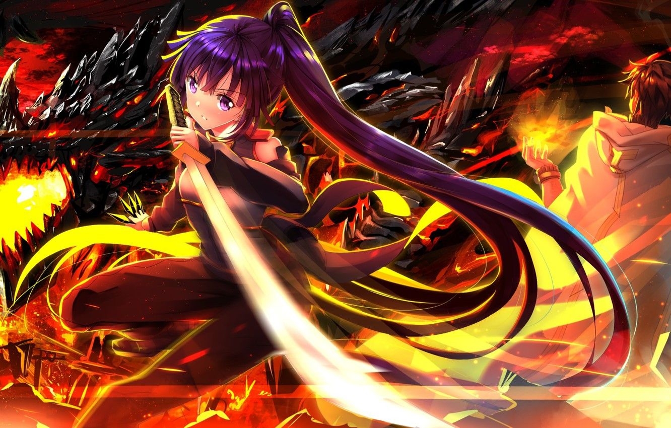 1340x850 Anime Fire Dragon Girl, Desktop