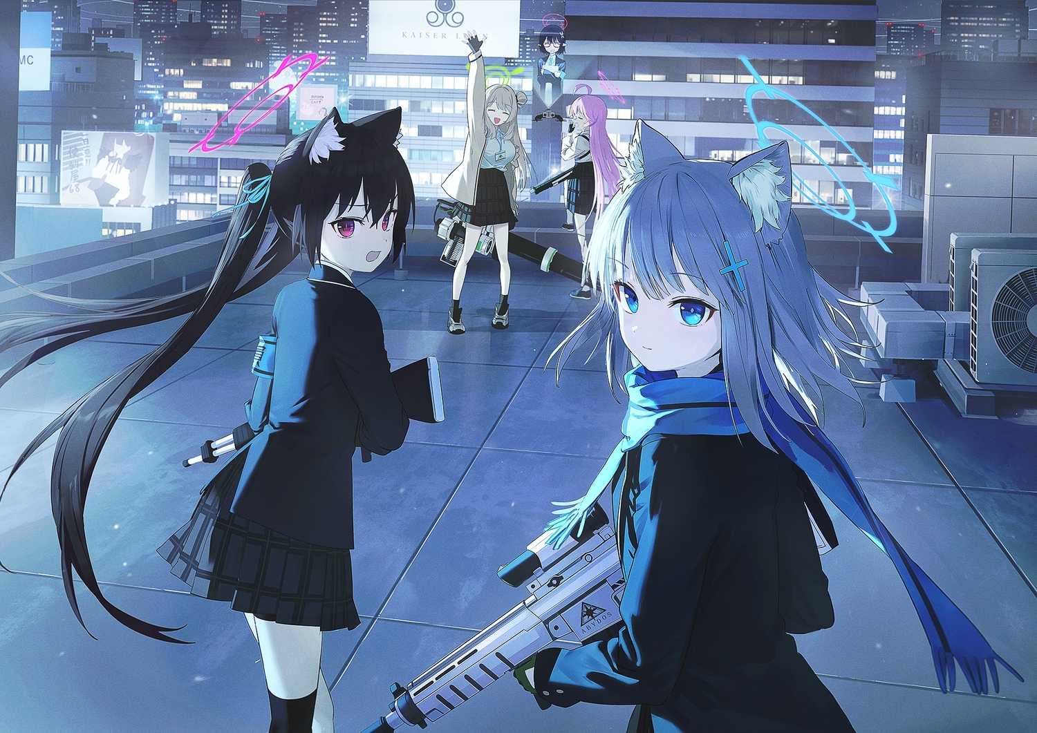 1500x1070 aliasing animal ears black hair blue archive brown hair building city gray hair gun halo izayoi nonomi kuromi serika long hair okusora ayane pointed ears purple hair school uniform sunaookami shiroko takanashi, Desktop